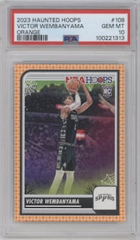 Victor Wembanyama from the 2023-24 Panini Haunted Hoops set featuring a Orange parallel graded by PSA and given an overall grade of 10.