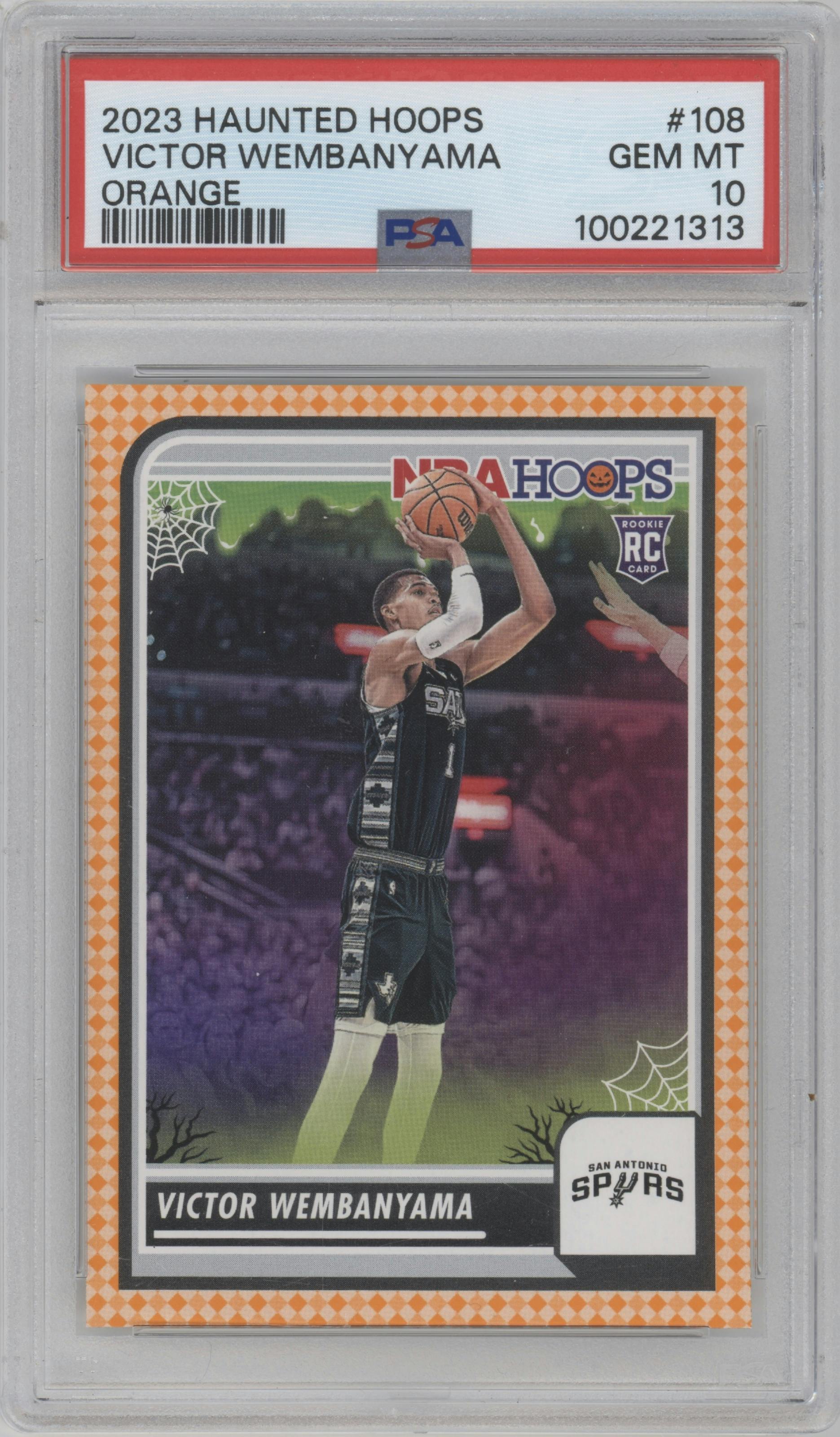 Victor Wembanyama from the 2023-24 Panini Haunted Hoops set featuring a Orange parallel graded by PSA and given an overall grade of 10.