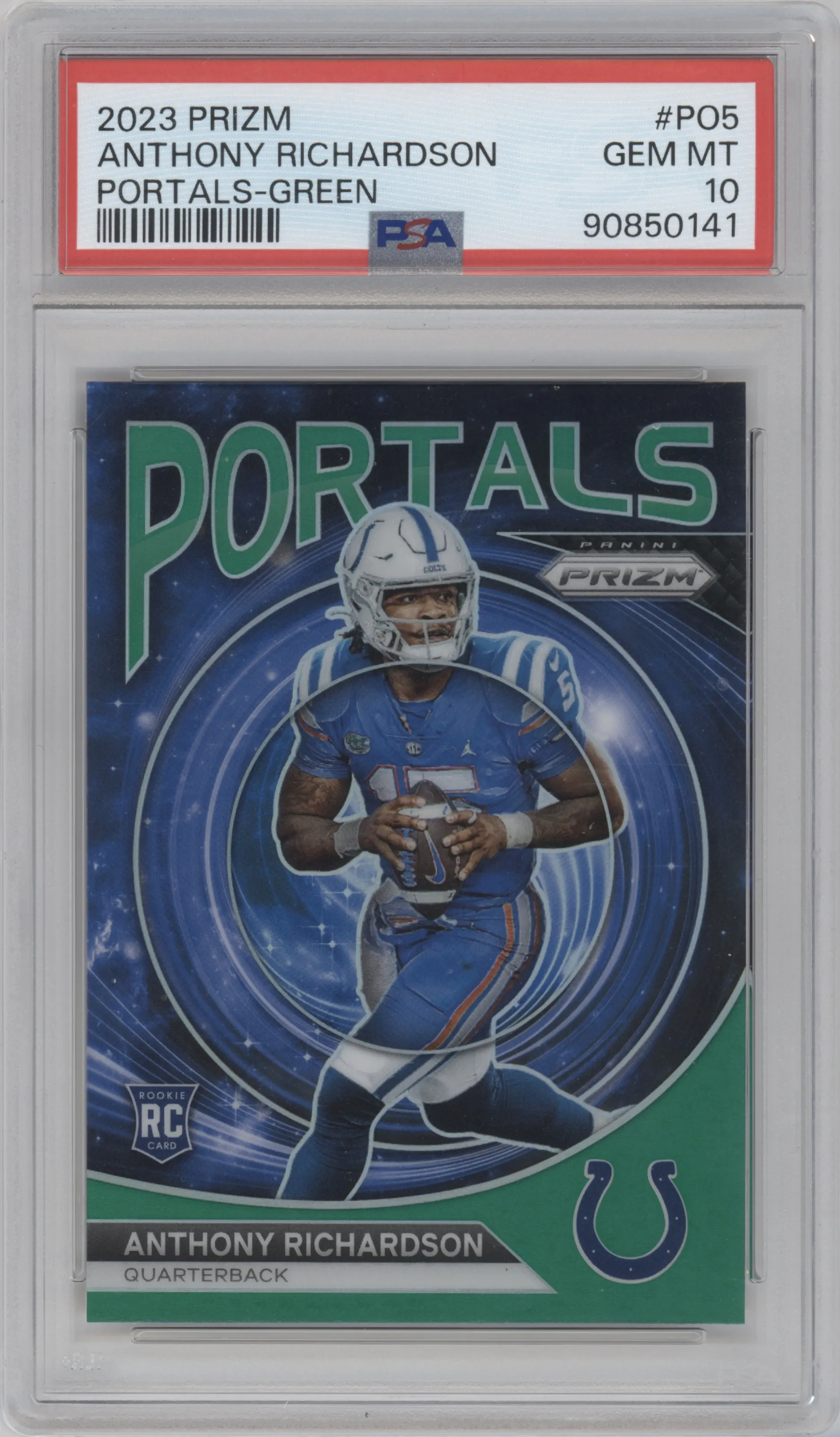 Anthony Richardson from the 2023 Panini Prizm set featuring a  Green Prizm parallel graded by PSA and given an overall grade of 10.