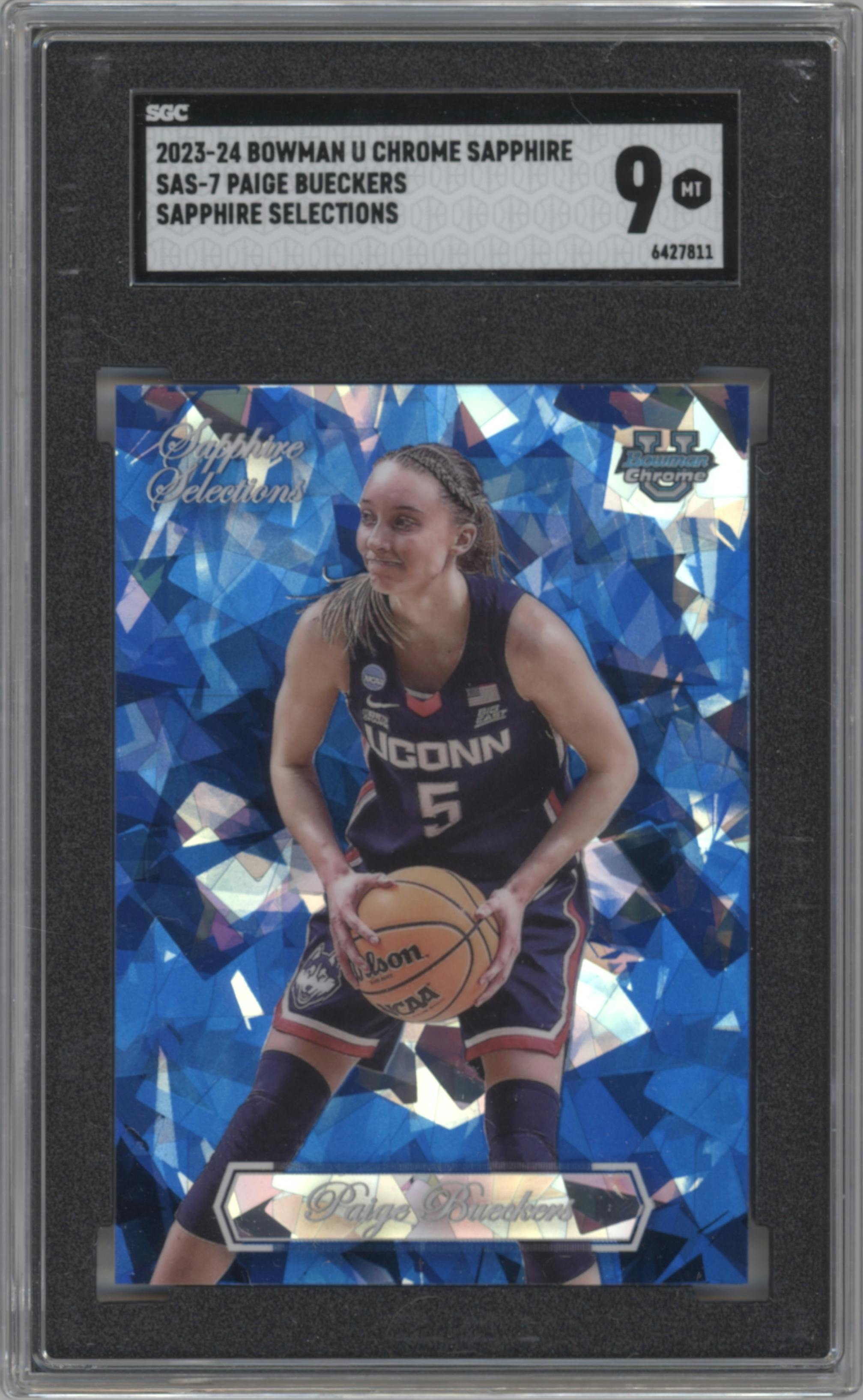 Paige Bueckers from the 2023-24 Bowman U Chrome Sapphire set graded by SGC and given an overall grade of 9.