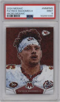 Patrick Mahomes II from the 2024 Panini Mosaic set graded by PSA and given an overall grade of 9.