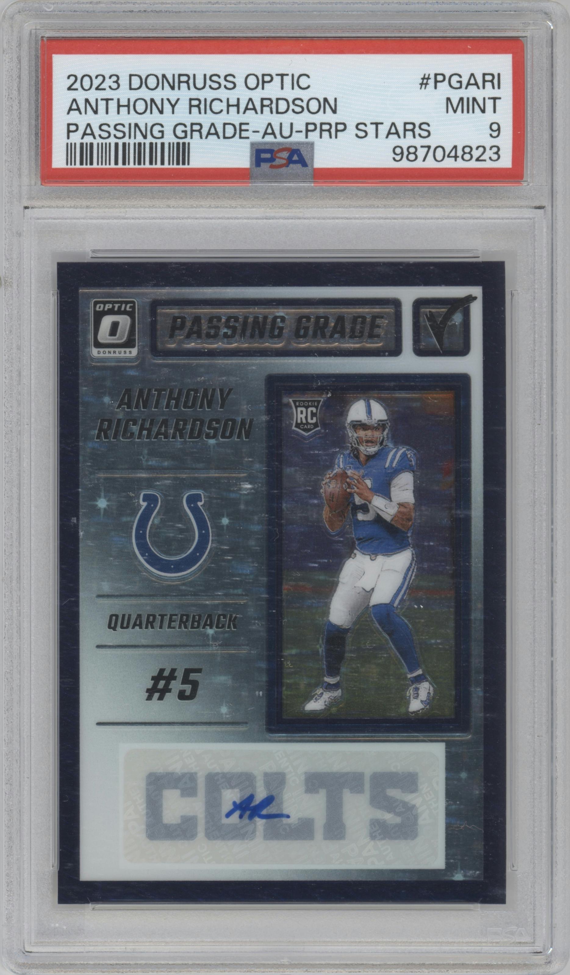 Anthony Richardson from the 2023 Donruss Optic set featuring a Purple Stars parallel graded by PSA and given an overall grade of 9.