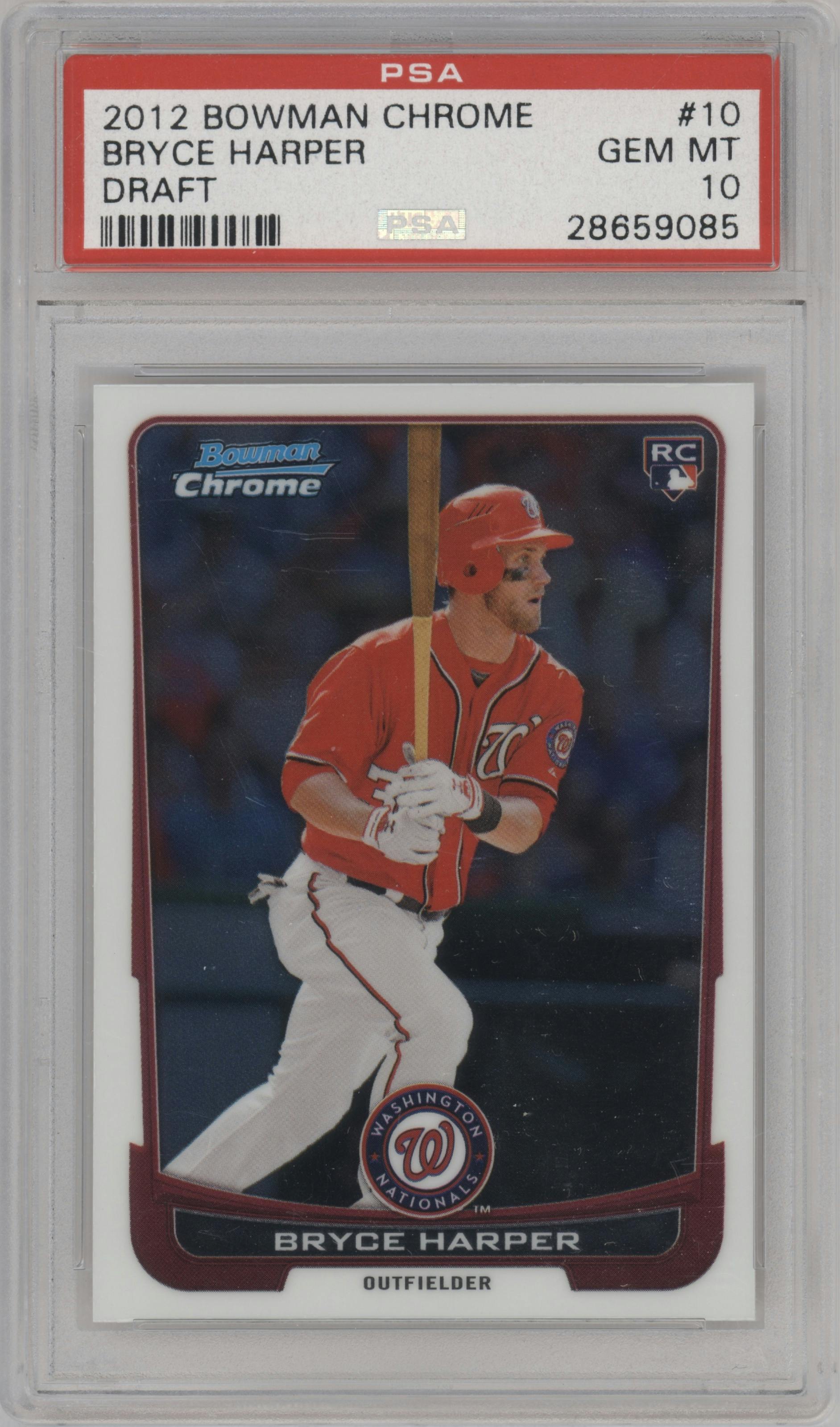 Bryce Harper from the 2012 Bowman Draft set graded by PSA and given an overall grade of 10.
