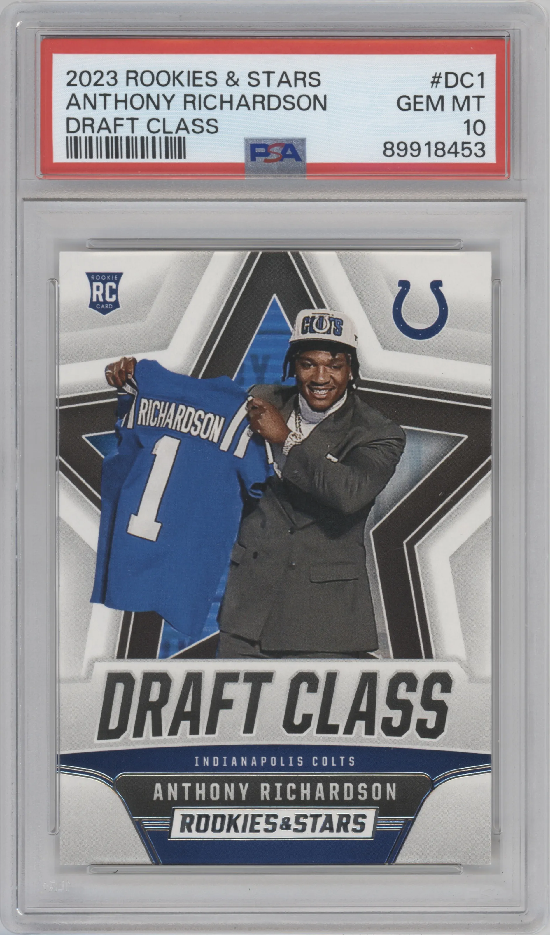 Anthony Richardson from the 2023 Panini Rookies & Stars set graded by PSA and given an overall grade of 10.