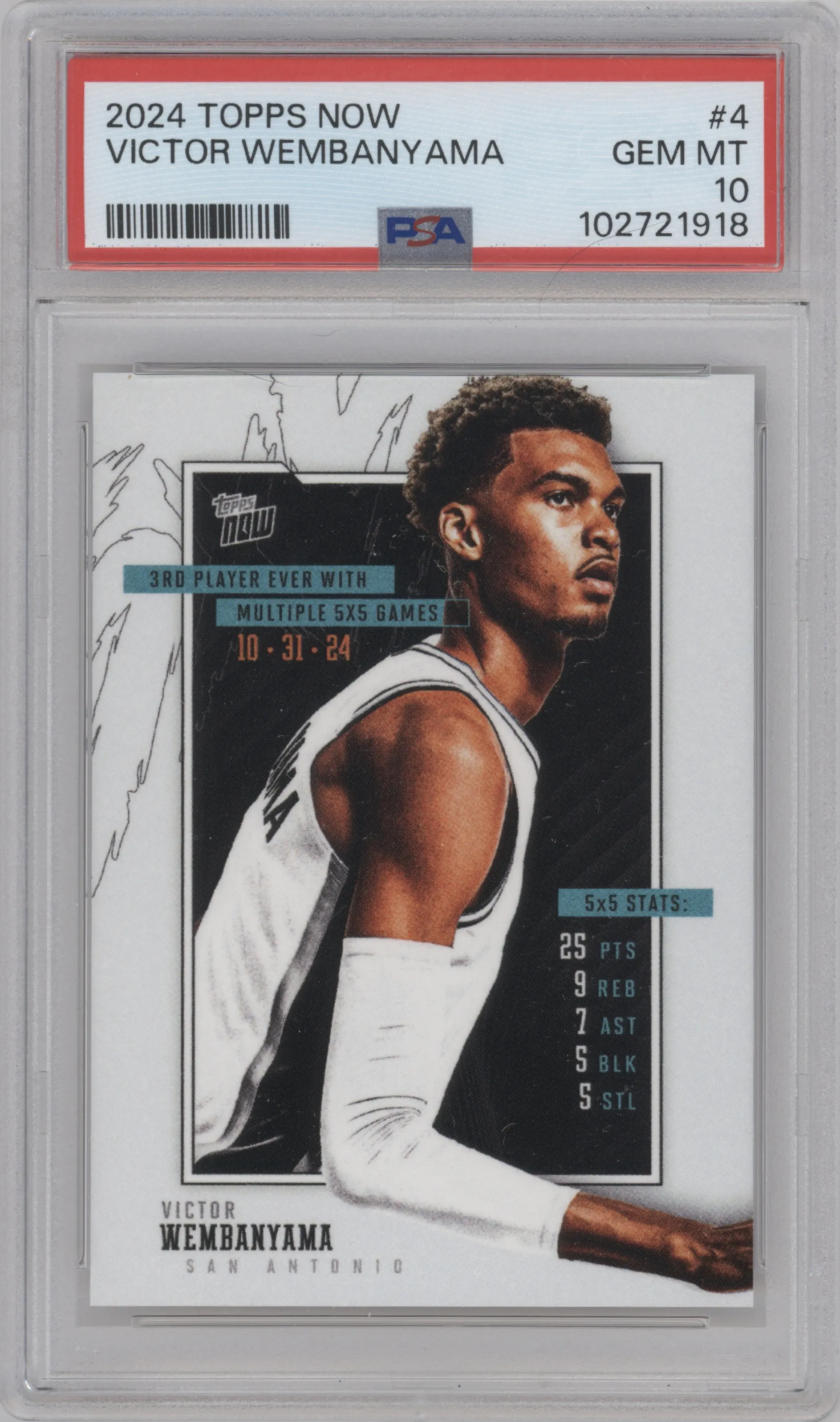 Victor Wembanyama from the 2024-25 Topps Now set graded by PSA and given an overall grade of 10.