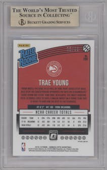 Trae Young from the 2018-19 Panini Donruss Optic set featuring a Fast Break Purple parallel graded by Beckett and given an overall grade of 9.5.