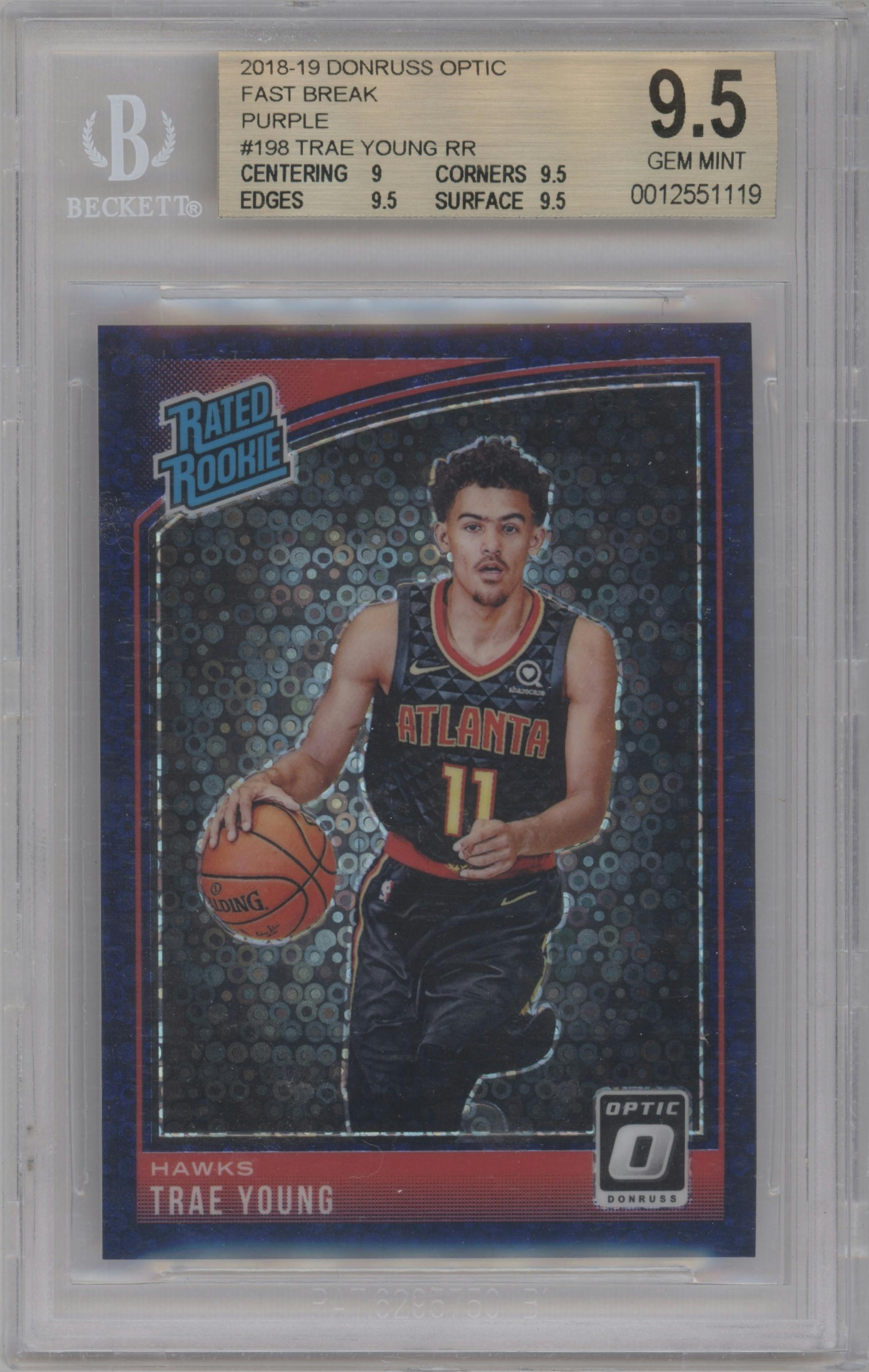 Trae Young from the 2018-19 Panini Donruss Optic set featuring a Fast Break Purple parallel graded by Beckett and given an overall grade of 9.5.