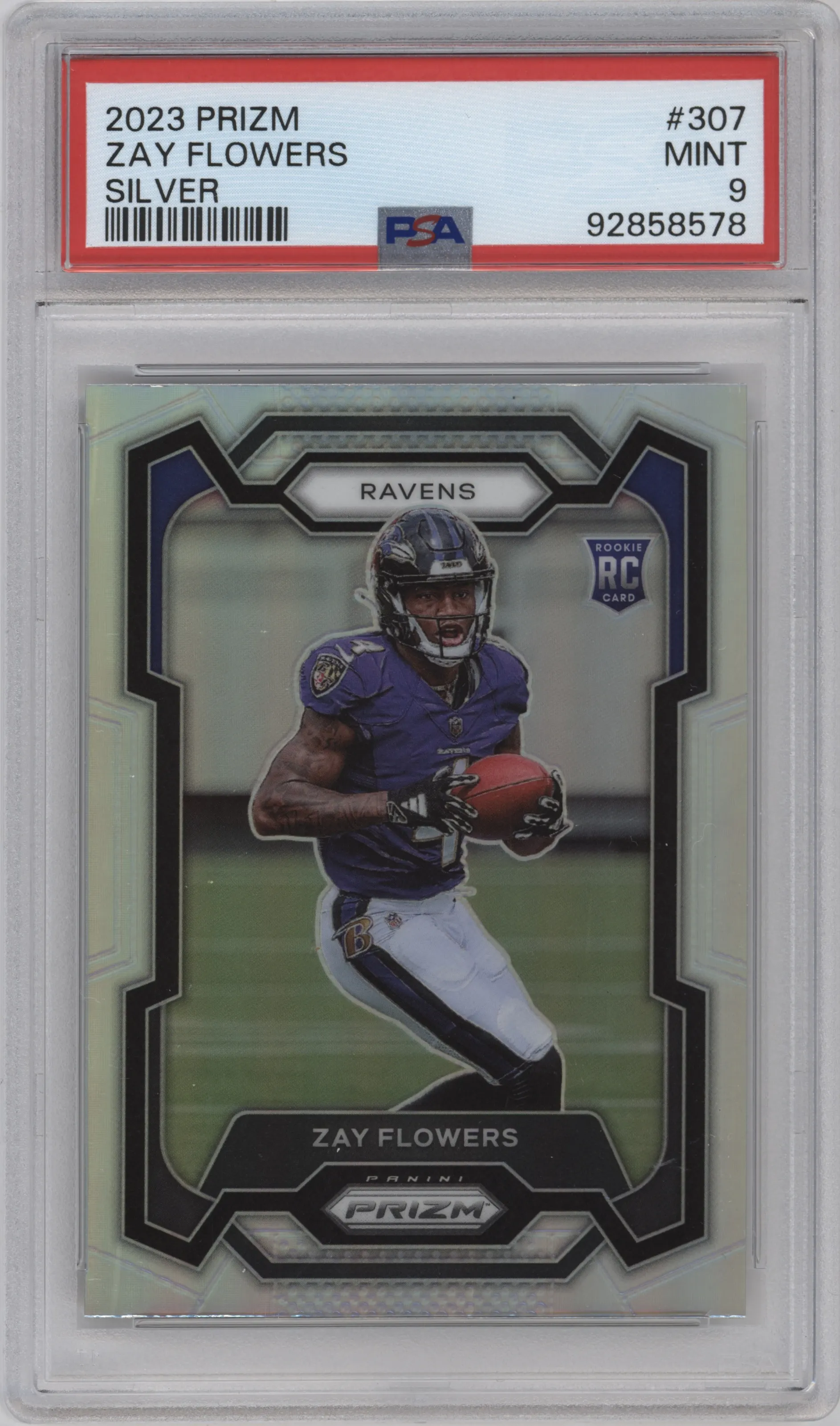 Zay Flowers  from the 2023 Panini Prizm set featuring a Silver Prizm parallel graded by PSA and given an overall grade of 9.