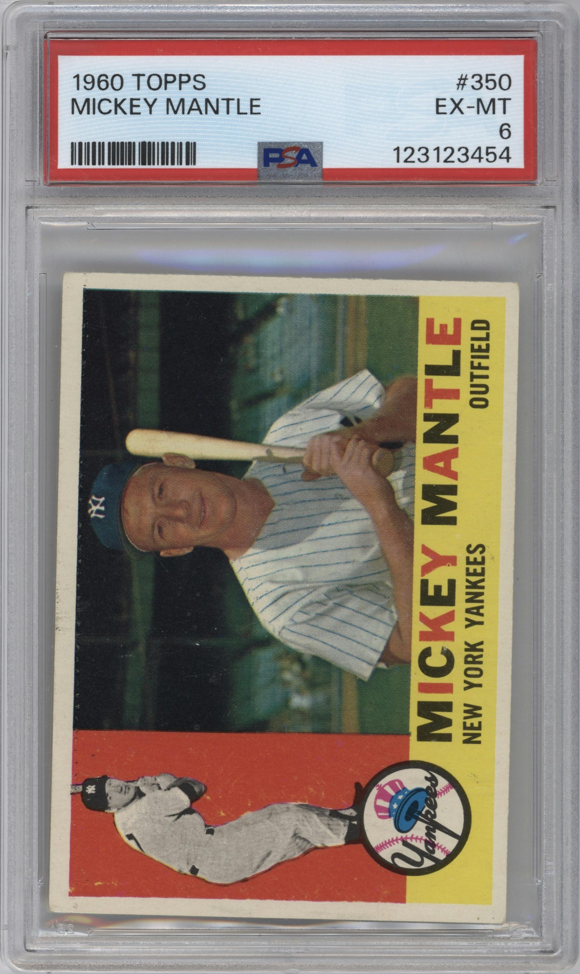 Mickey Mantle from the 1960 Topps set graded by PSA and given an overall grade of 6.