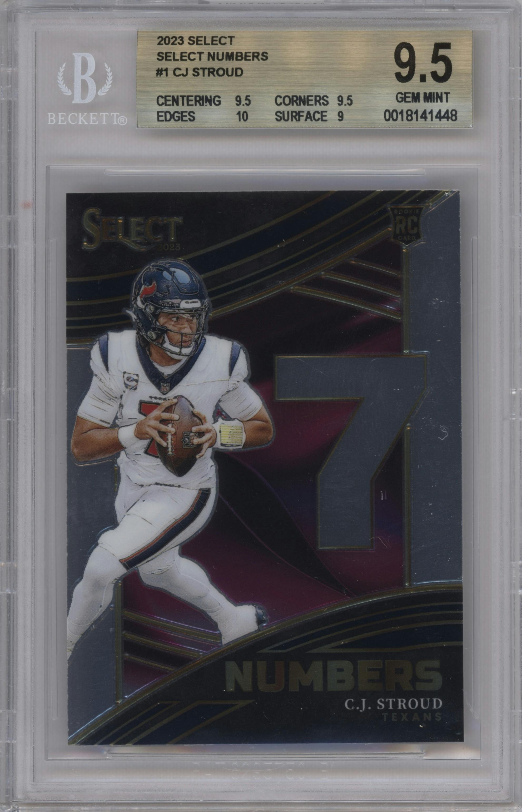 C.J. Stroud from the 2023 Panini Select set graded by Beckett and given an overall grade of 9.5.