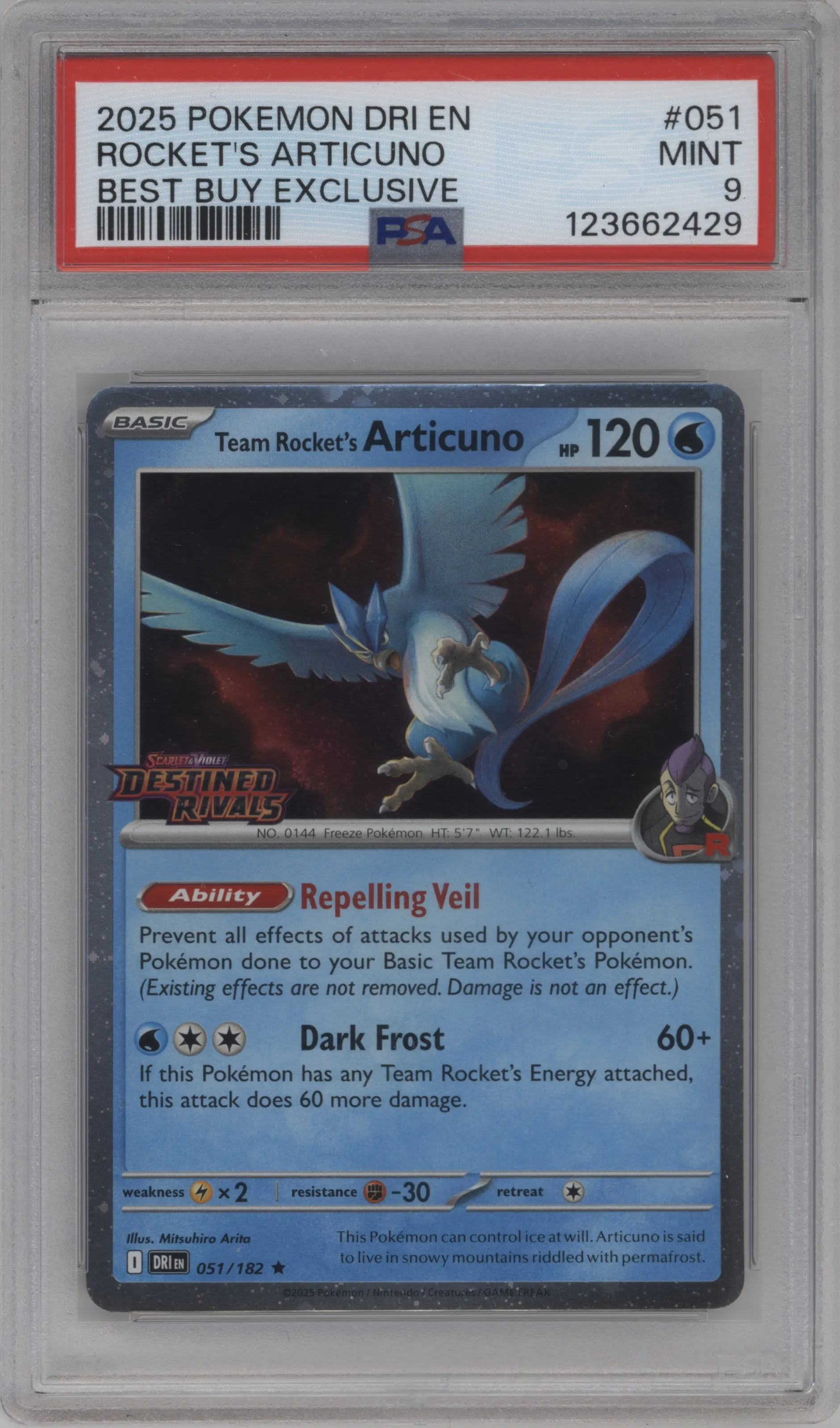 2025 Pokemon SV Destined Rivals Team Rocket's Articuno Best Buy Exclusive #051 PSA 9