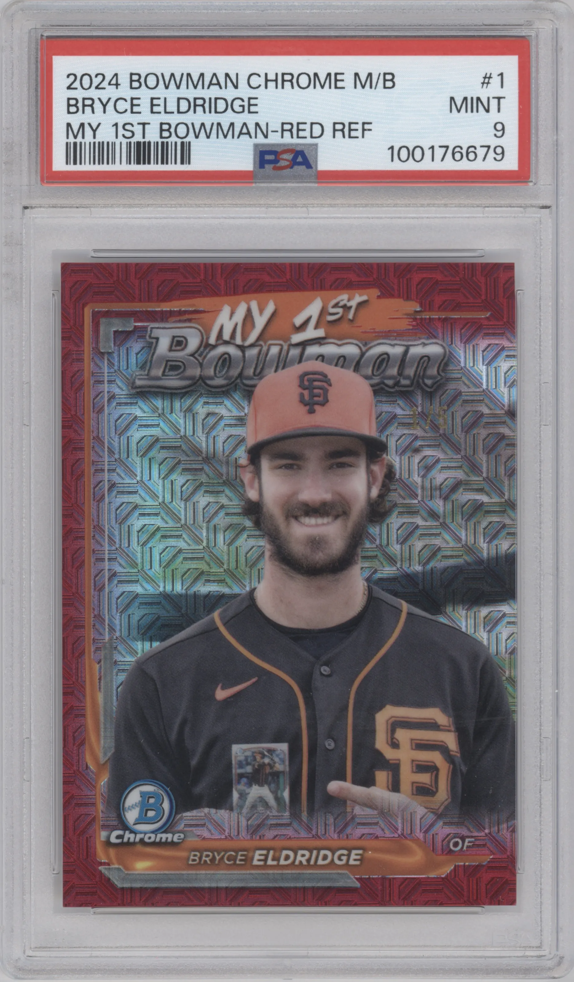 Bryce Eldridge from the 2024 Bowman Chrome Mega Box set featuring a Red Mojo Refractor parallel graded by PSA and given an overall grade of 9.