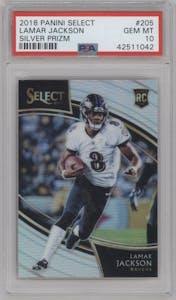 Lamar Jackson from the 2018 Panini Select set featuring a Silver Prizm parallel graded by PSA and given an overall grade of 10.