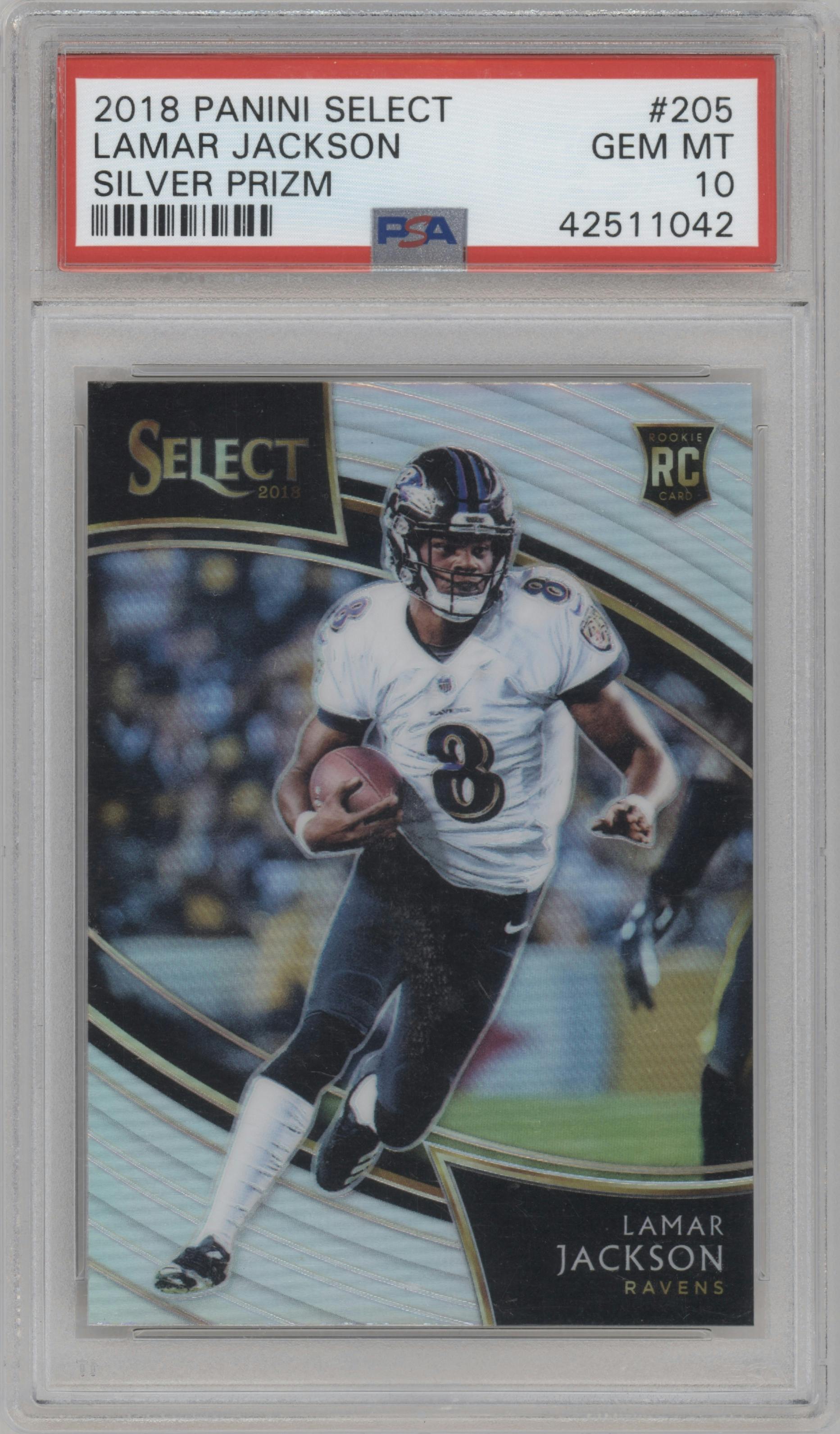 Lamar Jackson from the 2018 Panini Select set featuring a Silver Prizm parallel graded by PSA and given an overall grade of 10.