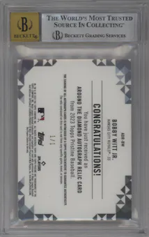 Bobby Witt Jr. from the 2023 Topps Pristine set featuring a Superfractor parallel graded by Beckett and given an overall grade of 8.