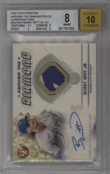 Bobby Witt Jr. from the 2023 Topps Pristine set featuring a Superfractor parallel graded by Beckett and given an overall grade of 8.