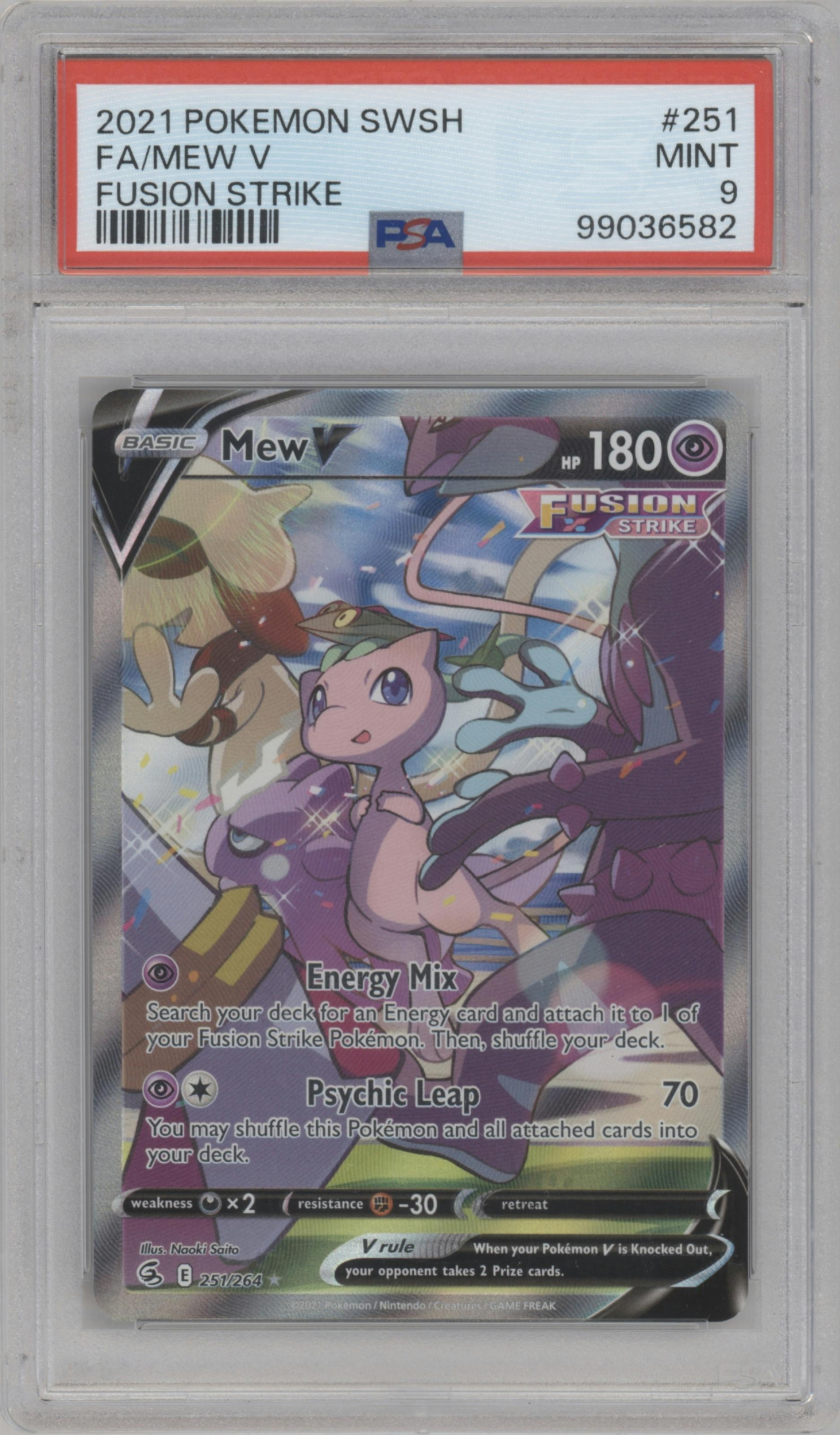 Mew V from the 2021 Pokemon SWSH set graded by PSA and given an overall grade of 9.