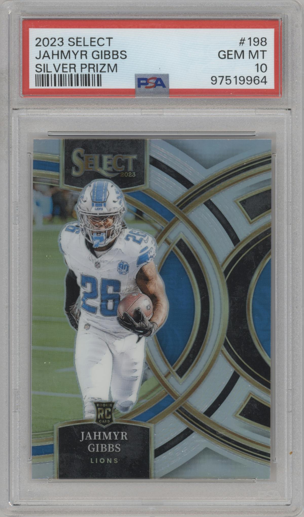  Jahmyr Gibbs from the 2023 Panini Select set featuring a Silver Prizm parallel graded by PSA and given an overall grade of 10.