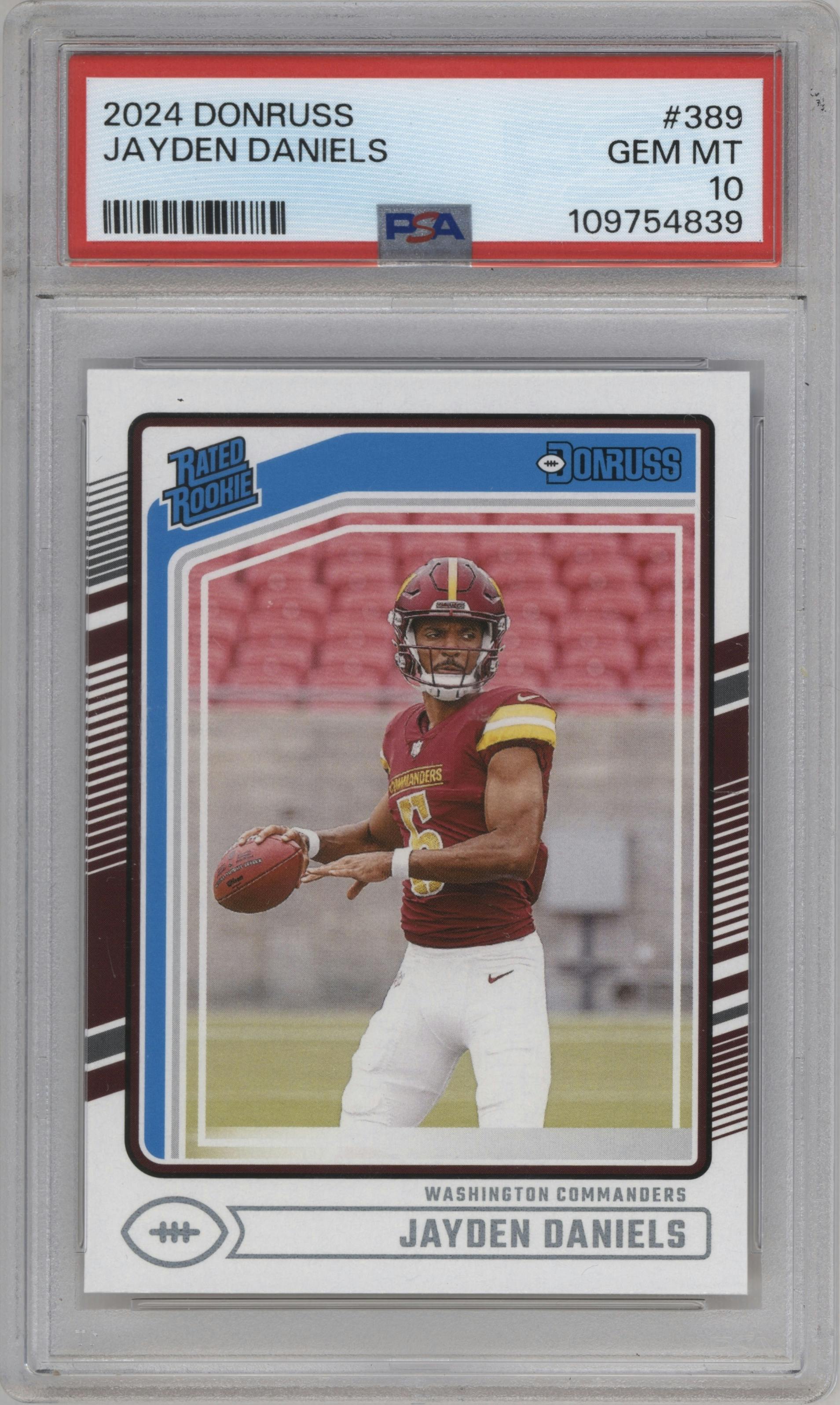 Jayden Daniels from the 2024 Donruss set graded by PSA and given an overall grade of 10.