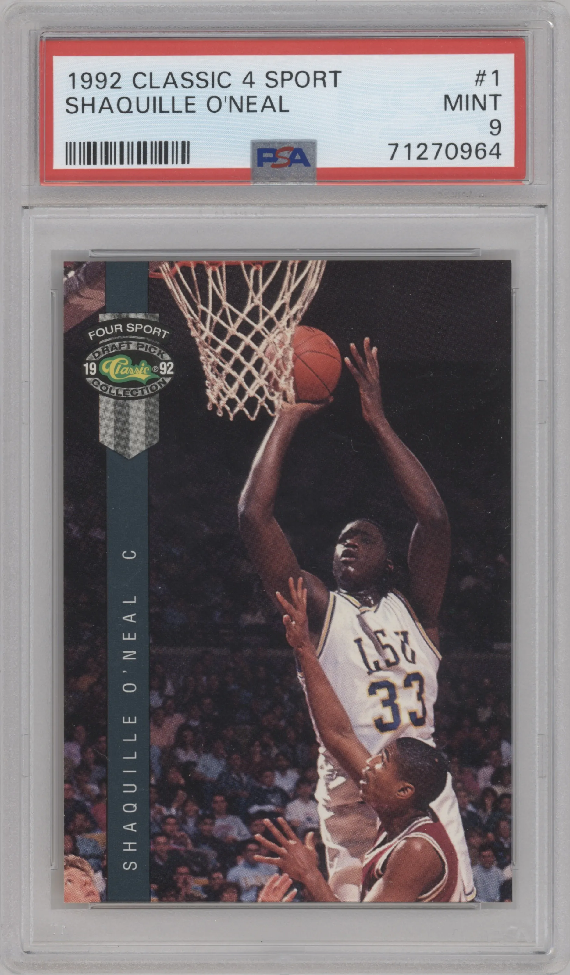 Shaquille O'Neal from the 1992 Classic Four Sport set graded by PSA and given an overall grade of 9.