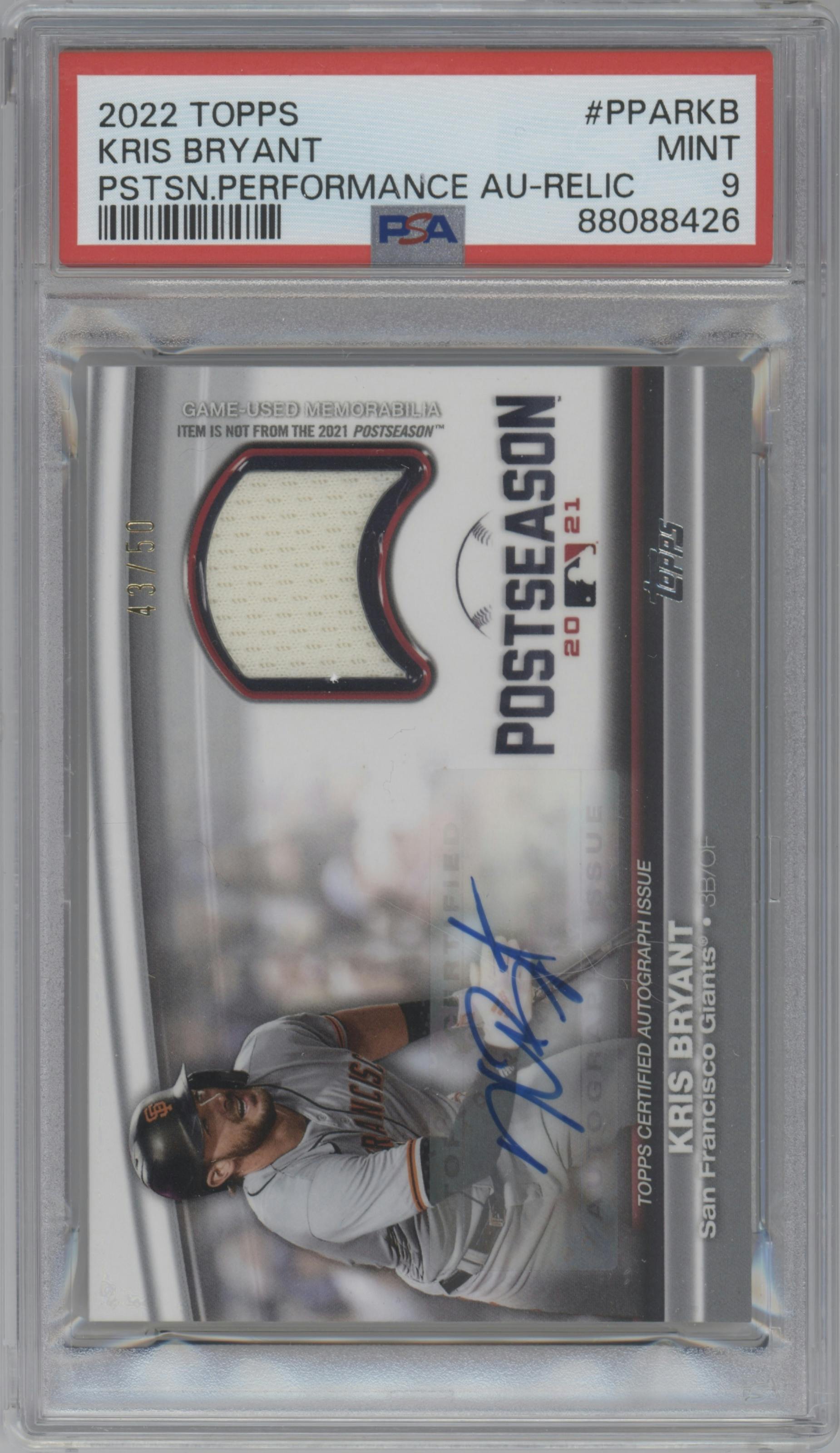 Kris Bryant from the 2022 Topps  Series 1 set graded by PSA and given an overall grade of 9.