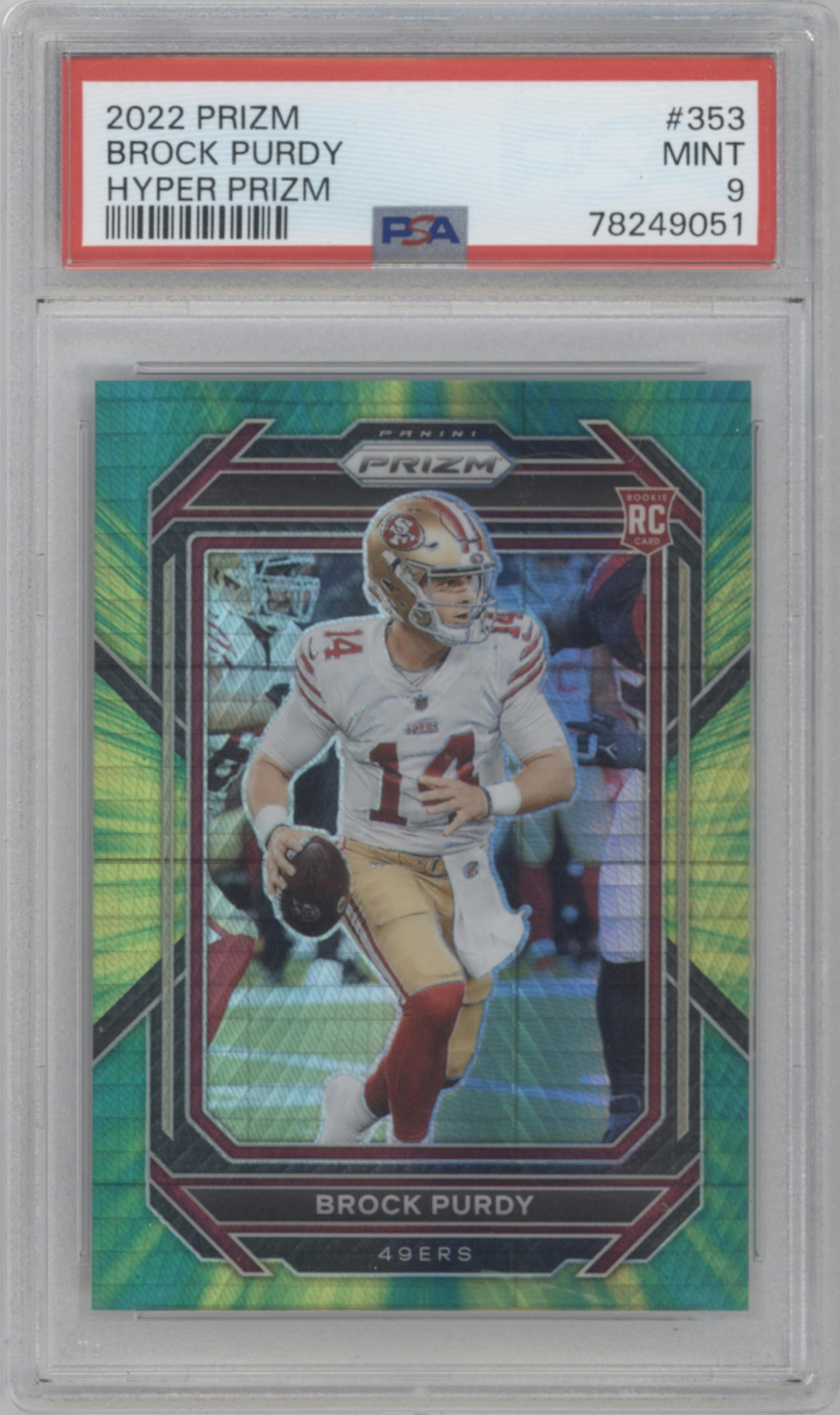 Brock Purdy from the 2022 Panini Prizm set featuring a Hyper  parallel graded by PSA and given an overall grade of 9.