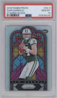 Sam Darnold from the 2018 Panini Prizm set graded by PSA and given an overall grade of 10.