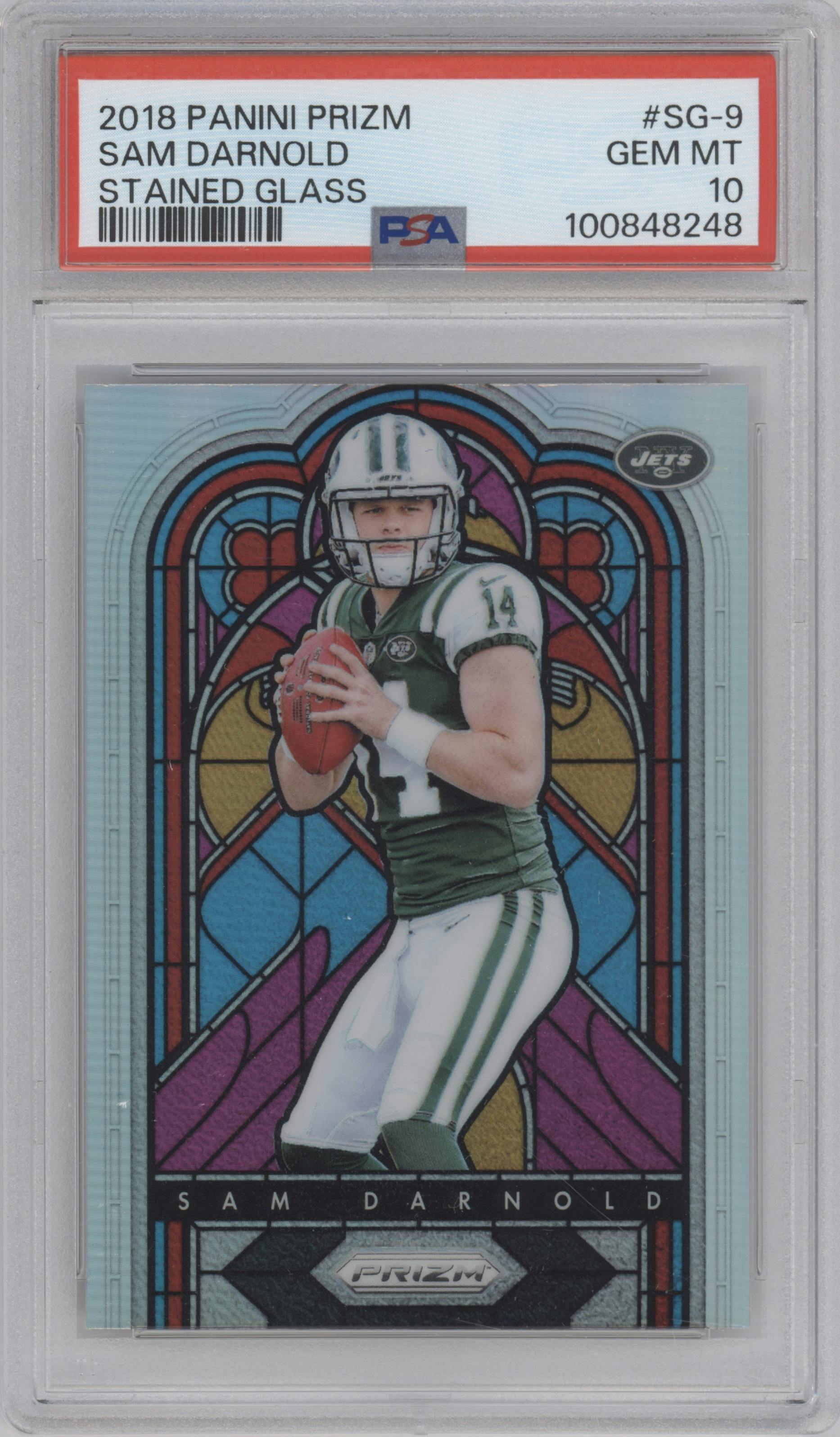 Sam Darnold from the 2018 Panini Prizm set graded by PSA and given an overall grade of 10.