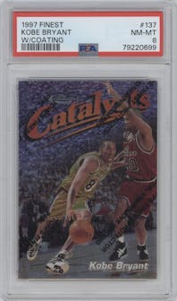 Kobe Bryant from the 1997-98 Topps Finest set featuring a W/ Coating parallel graded by PSA and given an overall grade of 8.