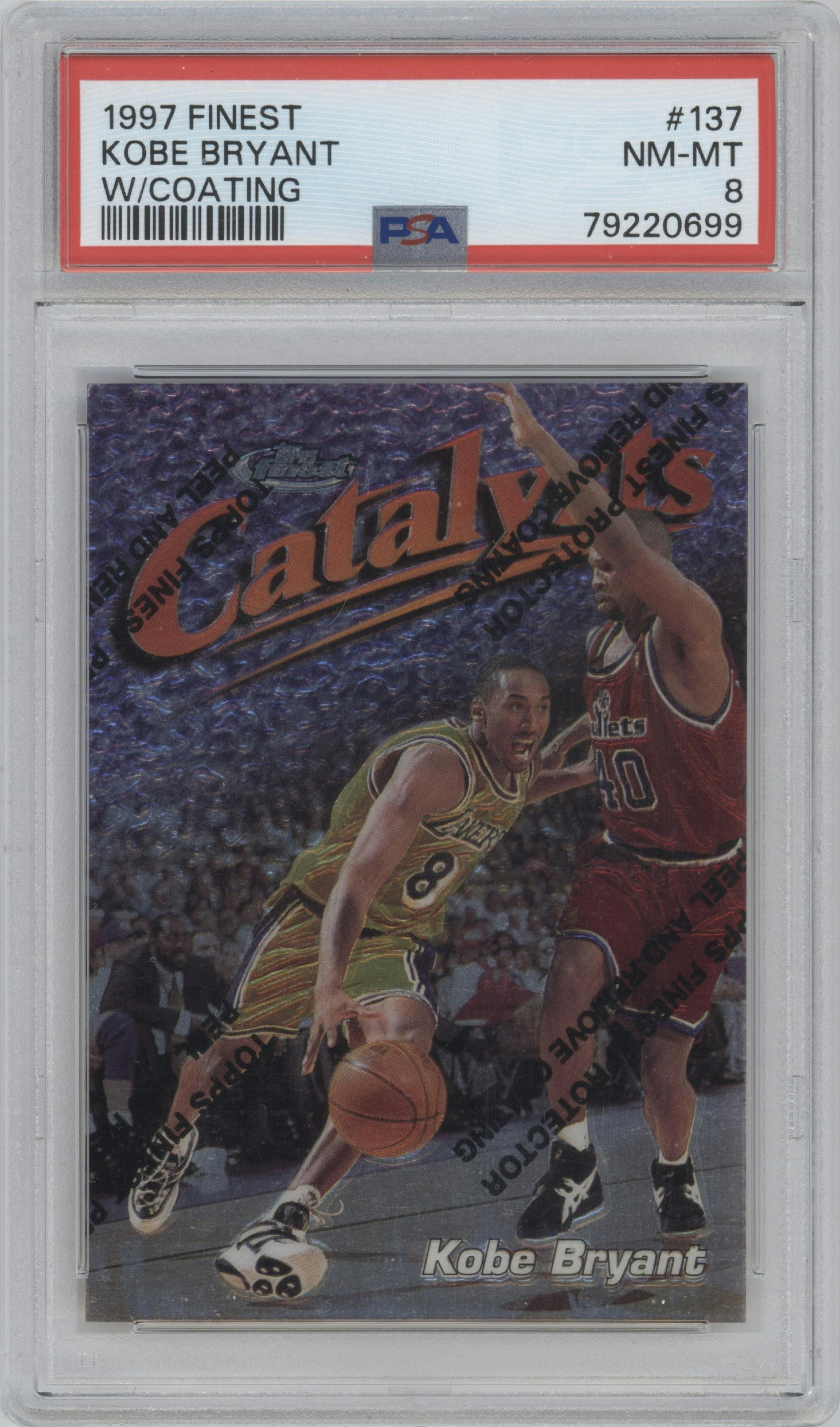 Kobe Bryant from the 1997-98 Topps Finest set featuring a W/ Coating parallel graded by PSA and given an overall grade of 8.