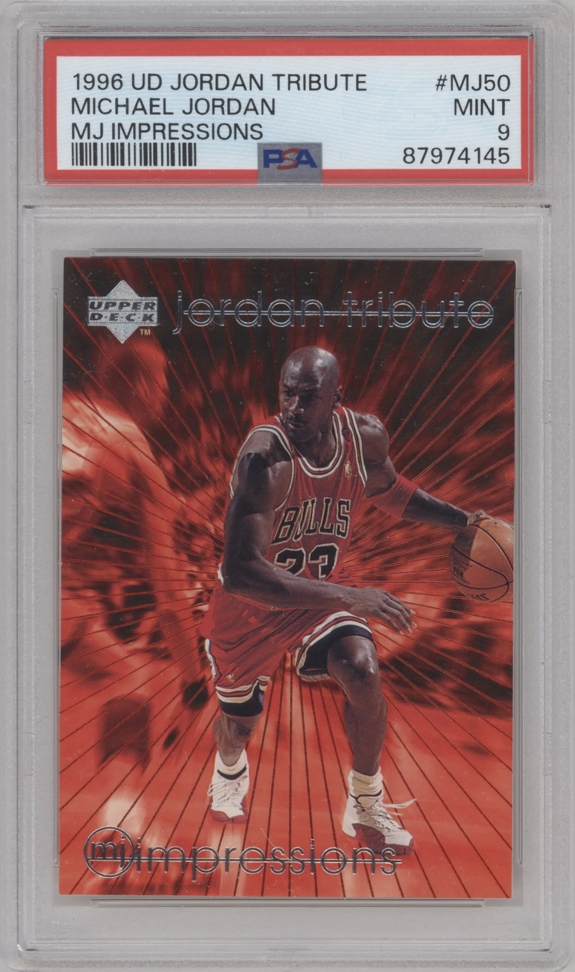 Michael Jordan from the 1997-98 Upper Deck Michael Jordan Tribute set graded by PSA and given an overall grade of 9.