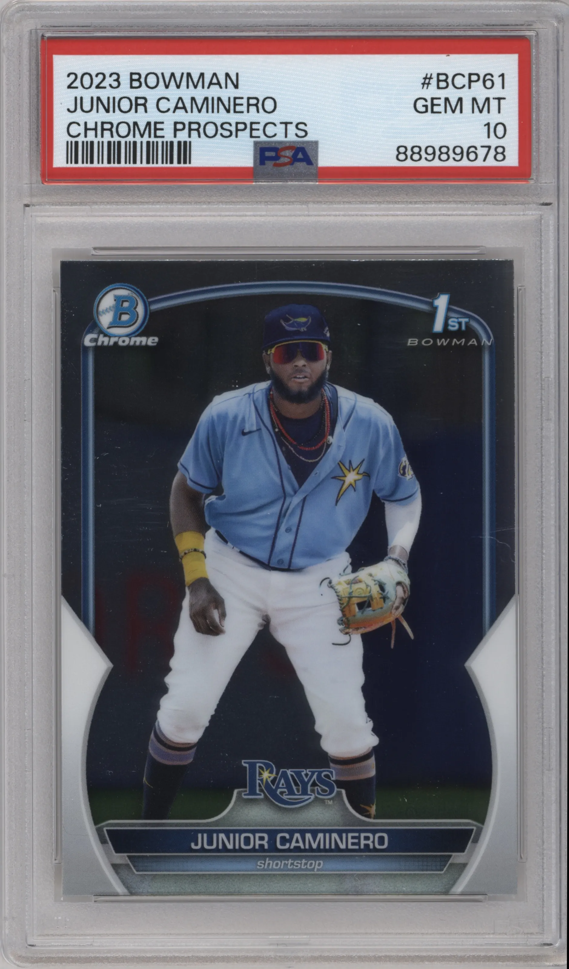 Junior Caminero from the 2023 Bowman  set graded by PSA and given an overall grade of 10.