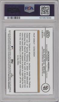 Jackson Merrill from the 2024 Topps Chrome Update set featuring a Refractor parallel graded by PSA and given an overall grade of 8.