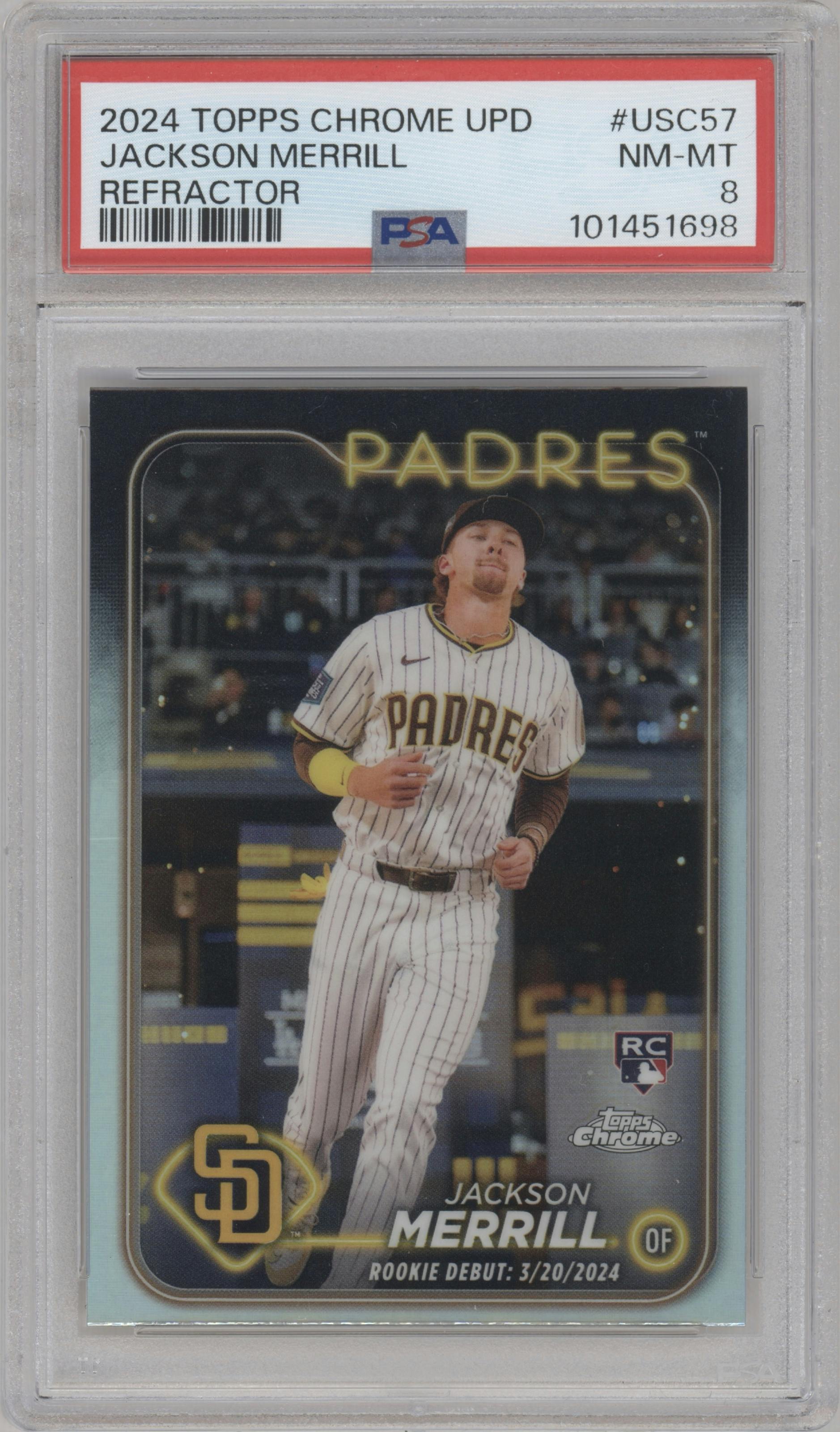 Jackson Merrill from the 2024 Topps Chrome Update set featuring a Refractor parallel graded by PSA and given an overall grade of 8.