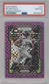 DK Metcalf from the 2023 Panini Prizm set featuring a Purple Power parallel graded by PSA and given an overall grade of 10.