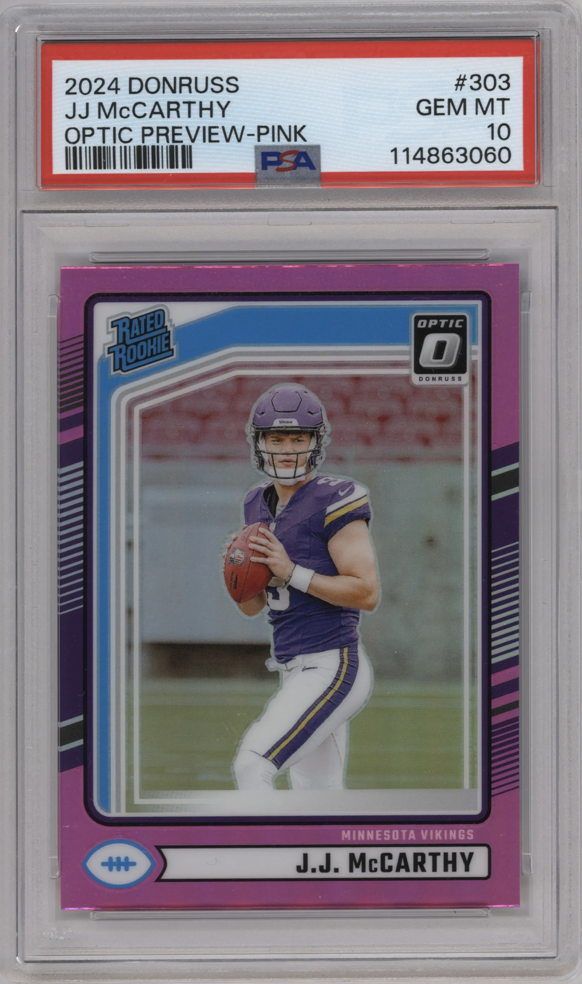 J.J. McCarthy from the 2024 Donruss set featuring a Pink parallel graded by PSA and given an overall grade of 10.