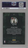 Jayson Tatum from the 2023-24 Panini Contenders Optic set featuring a Green Pulsar parallel graded by PSA and given an overall grade of 9.