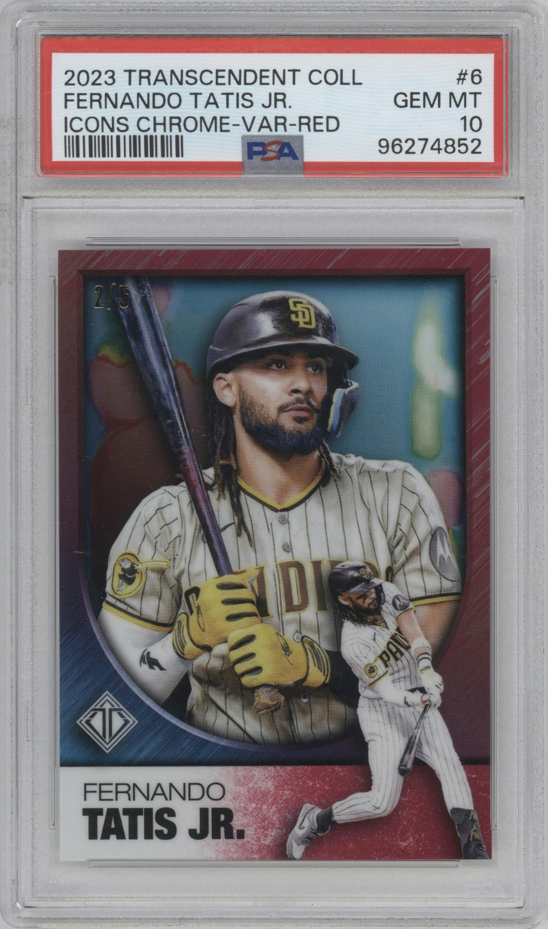 Fernando Tatis Jr. from the 2023 Topps Transcendent Collection set featuring a Red Refractor parallel graded by PSA and given an overall grade of 10.