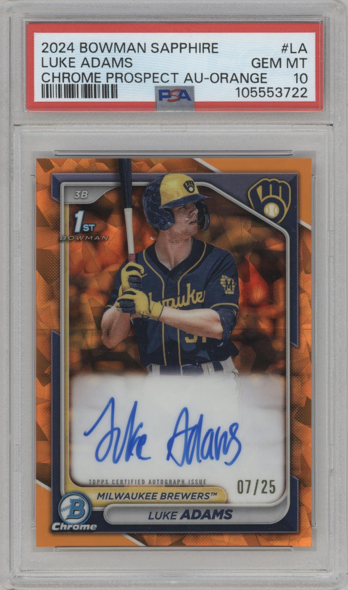 Luke Adams from the 2024 Bowman Sapphire Edition set featuring a Orange  parallel graded by PSA and given an overall grade of 10.
