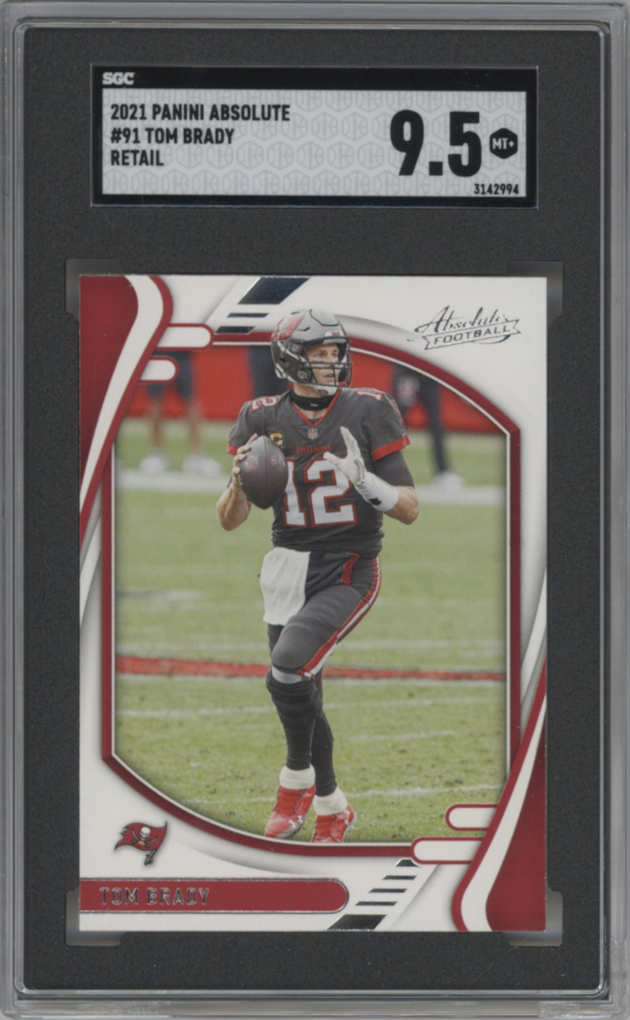 Tom Brady from the 2021 Panini Absolute set featuring a Retail parallel graded by SGC and given an overall grade of 9.5.