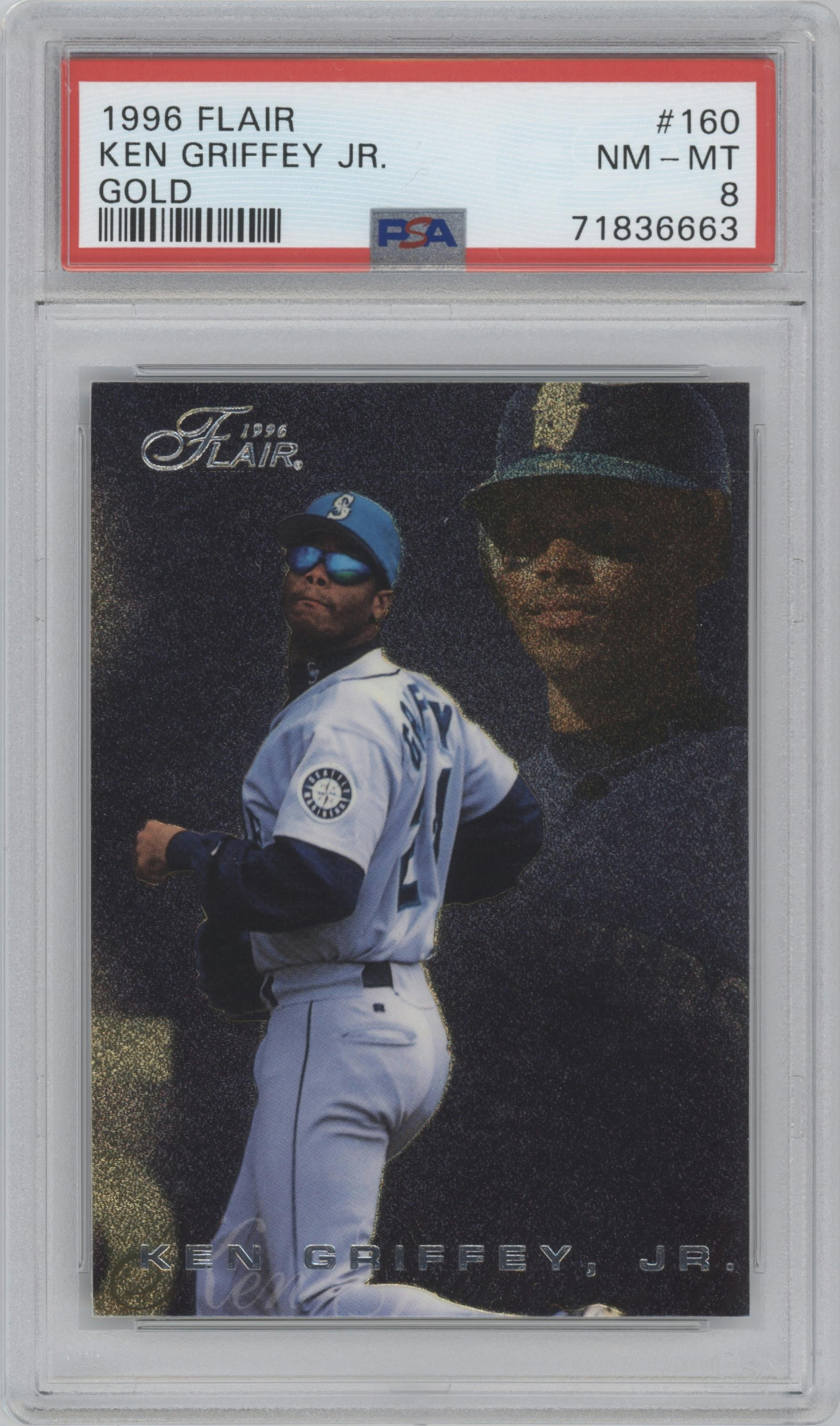 Ken Griffey Jr. from the 1996 Flair set featuring a Gold parallel graded by PSA and given an overall grade of 8.