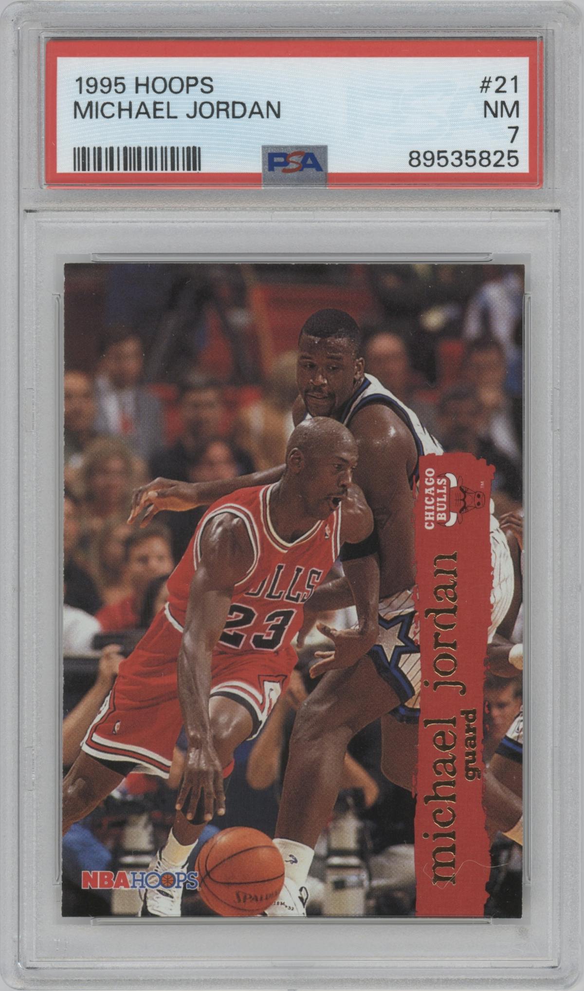 Michael Jordan from the 1995-96 NBA Hoops set graded by PSA and given an overall grade of 7.