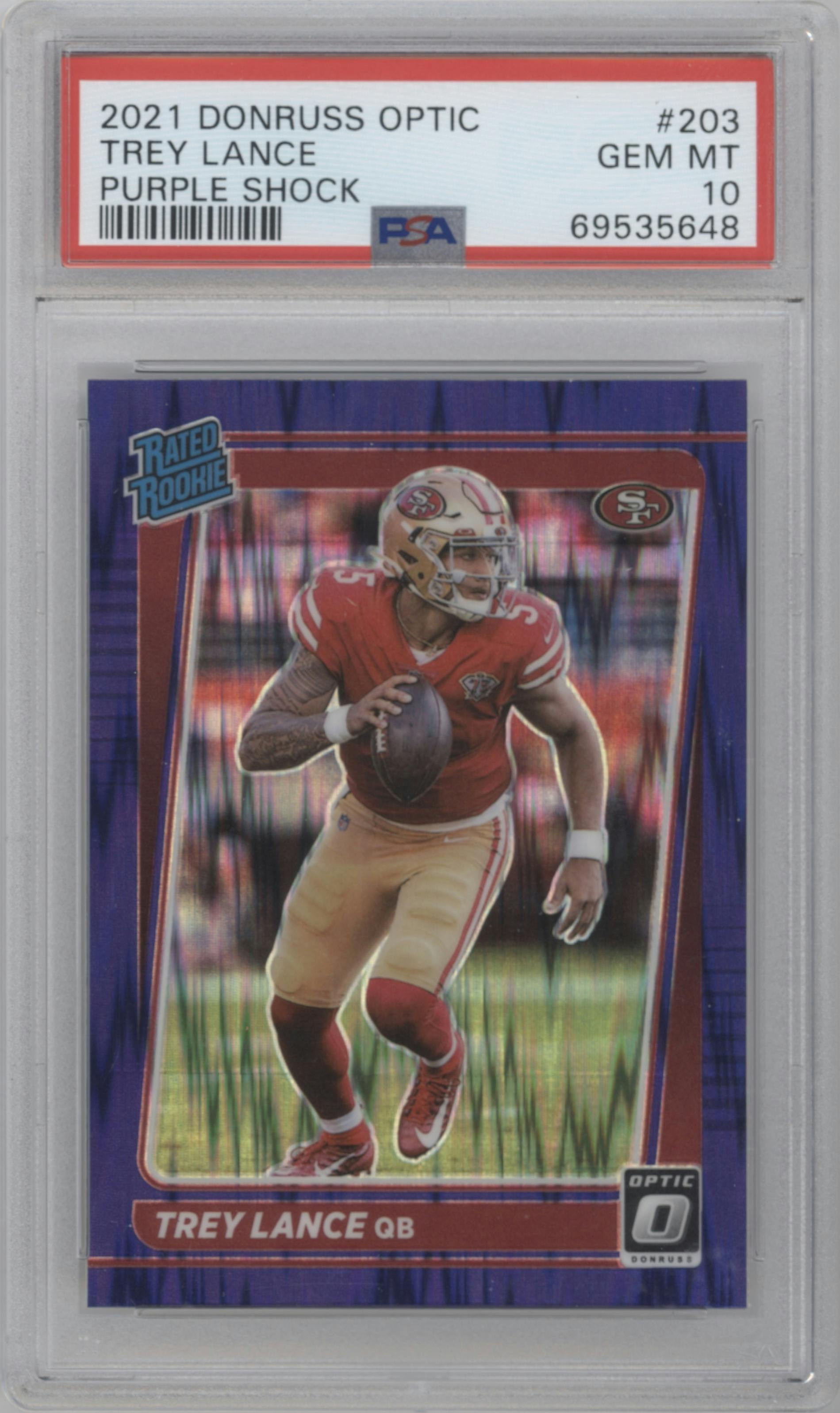 Trey Lance from the 2021 Panini Donruss Optic set featuring a Purple Shock parallel graded by PSA and given an overall grade of 10.