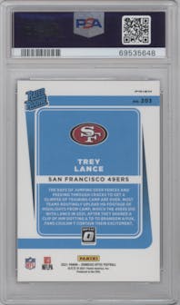 Trey Lance from the 2021 Panini Donruss Optic set featuring a Purple Shock parallel graded by PSA and given an overall grade of 10.