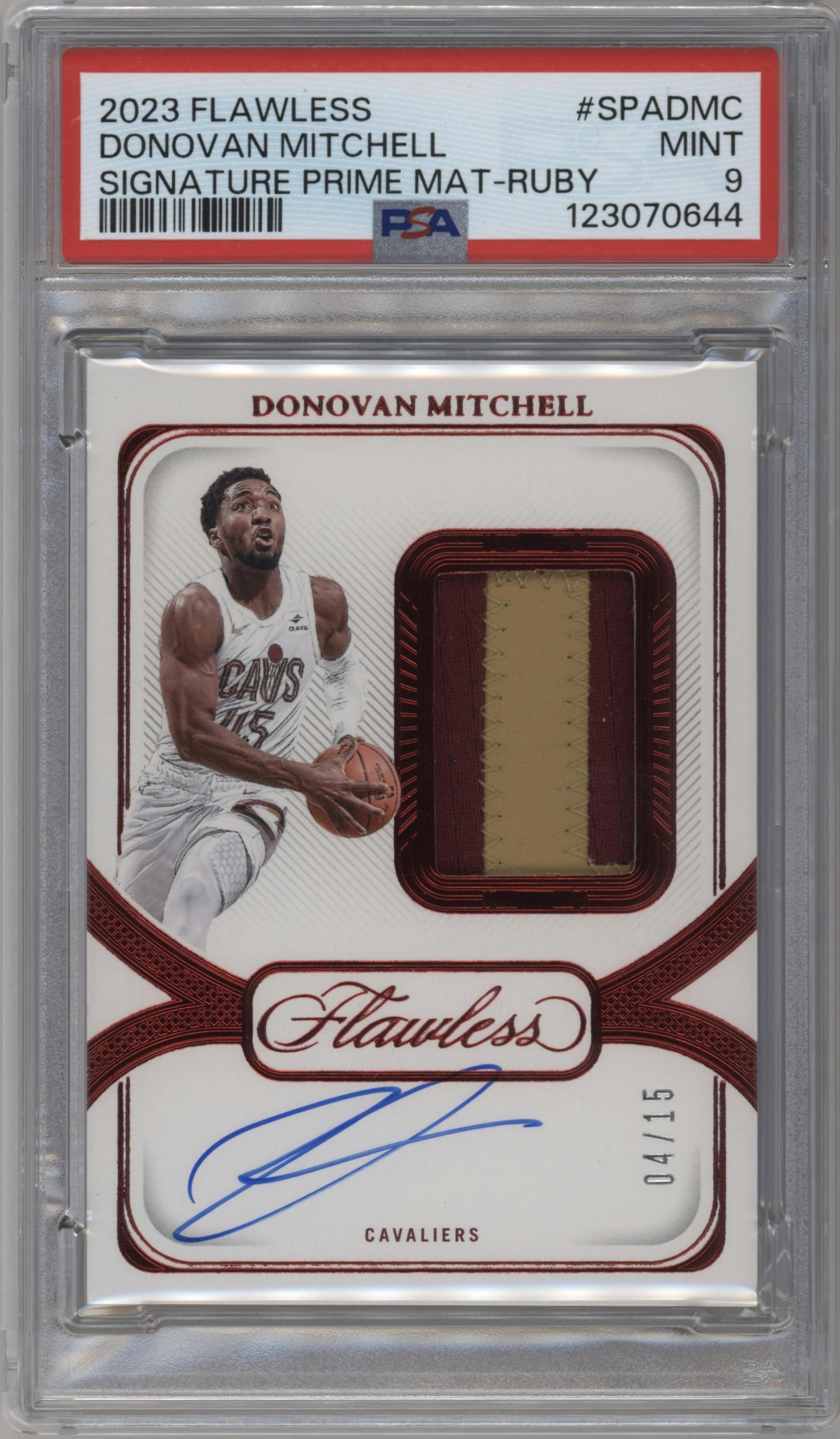 Donovan Mitchell from the 2023-24 Panini Flawless set featuring a Ruby parallel graded by PSA and given an overall grade of 9.