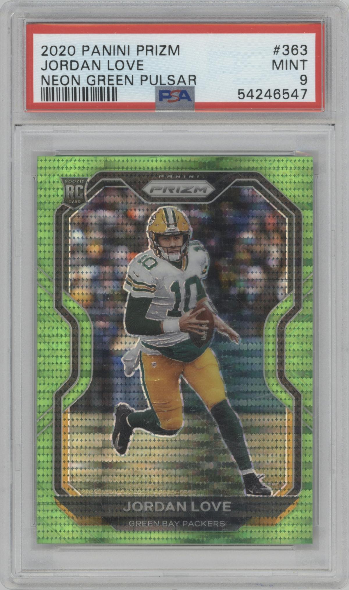 Jordan Love from the 2020 Panini Prizm set featuring a Neon Green Pulsar parallel graded by PSA and given an overall grade of 9.