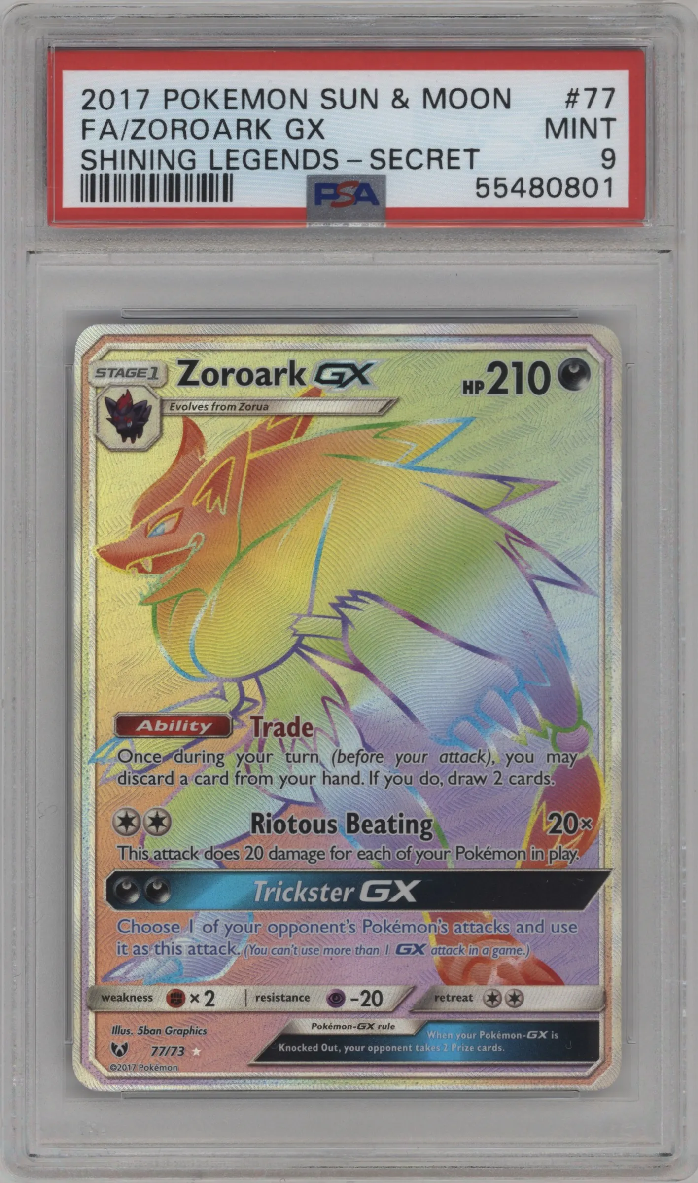 2017 Pokemon S&M Shining Legends Zoroark GX PSA 9