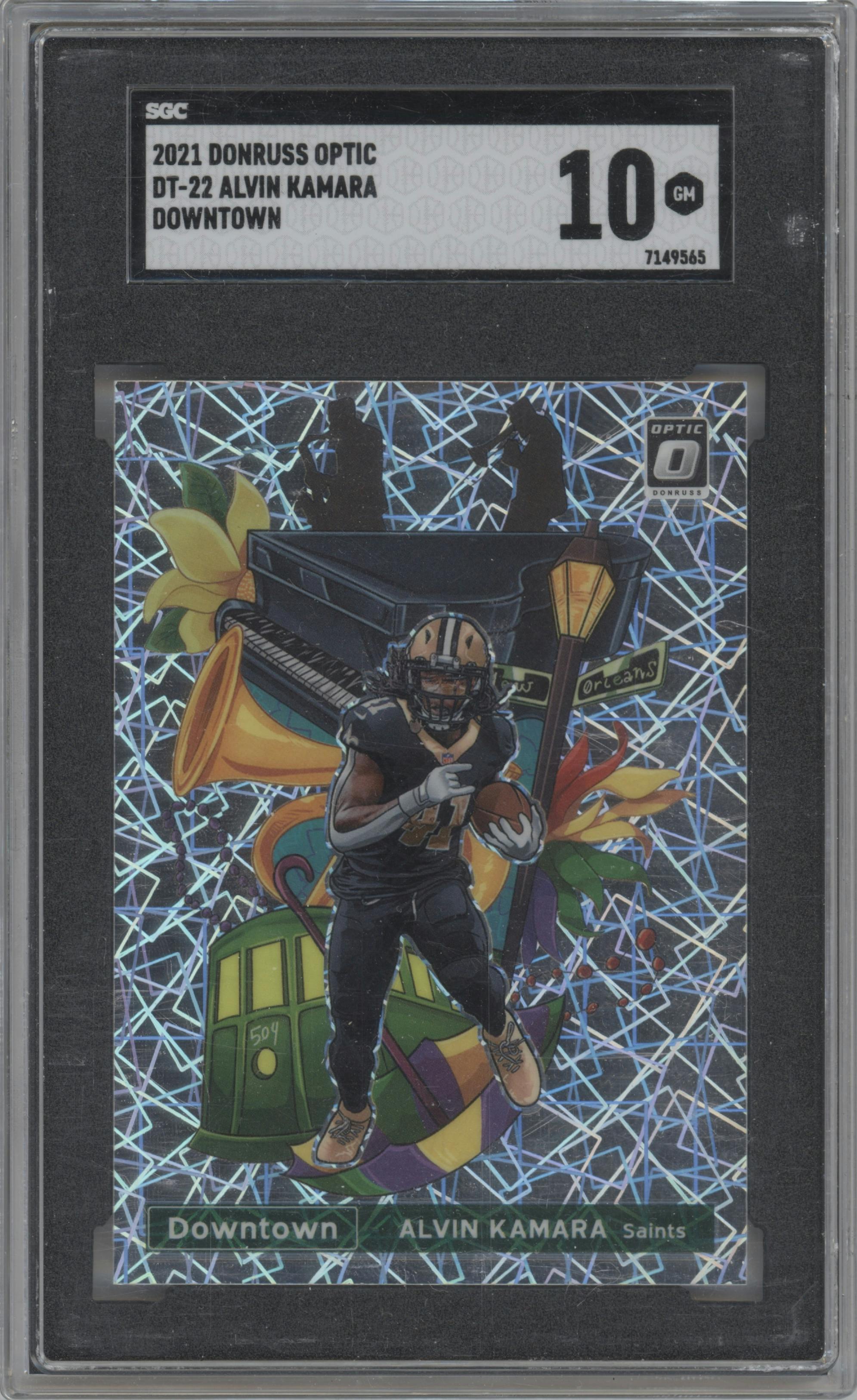 Alvin Kamara from the 2021 Panini Donruss Optic set graded by SGC and given an overall grade of 10.