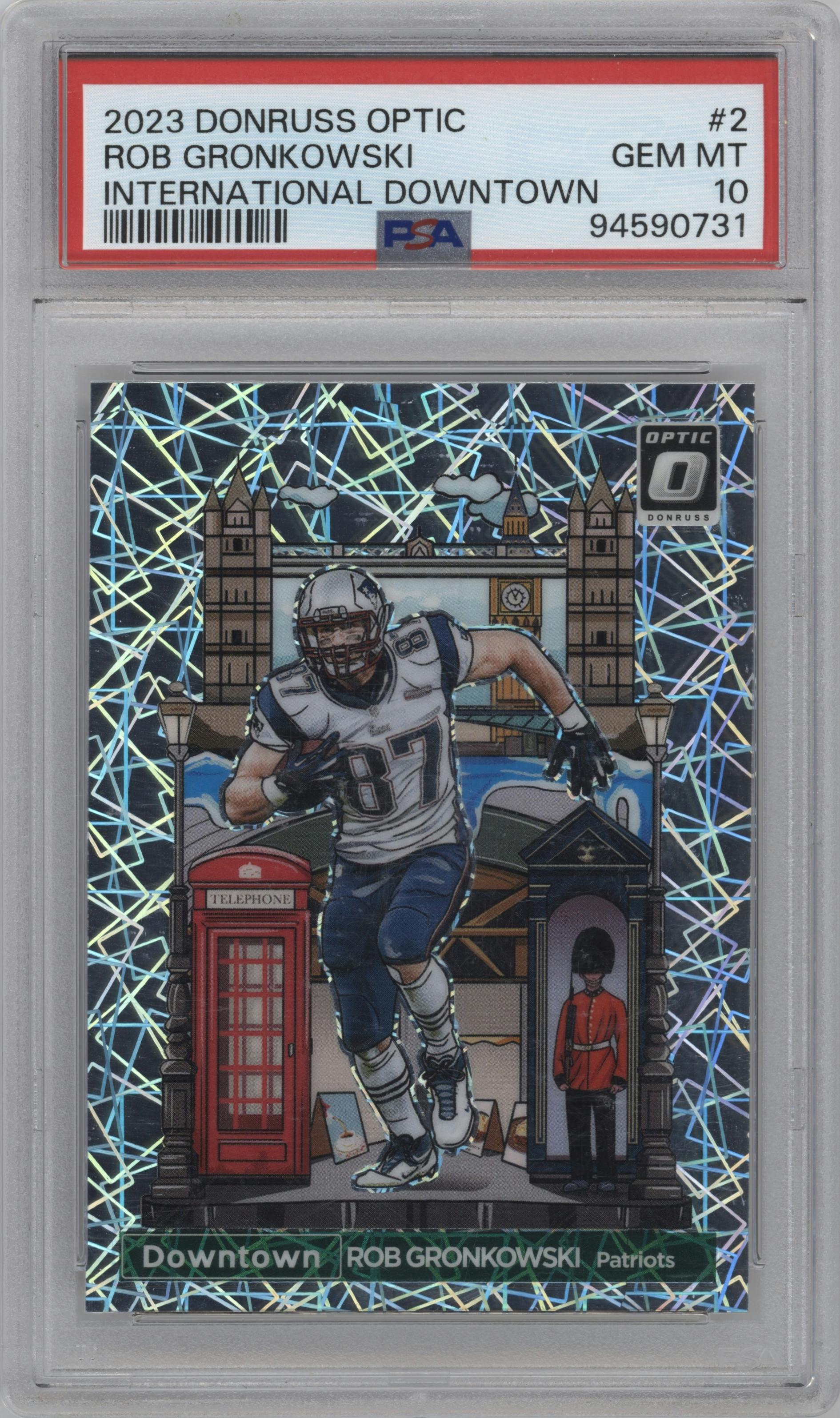 Rob Gronkowski from the 2023 Donruss Optic set graded by PSA and given an overall grade of 10.