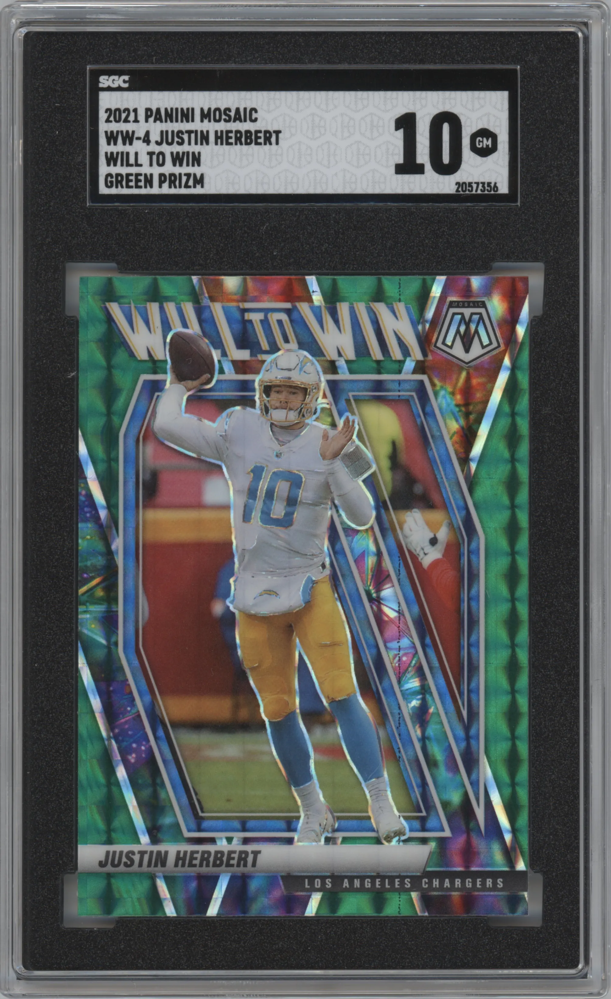 Justin Herbert from the 2021 Panini Mosaic set featuring a Green Mosaic parallel graded by SGC and given an overall grade of 10.